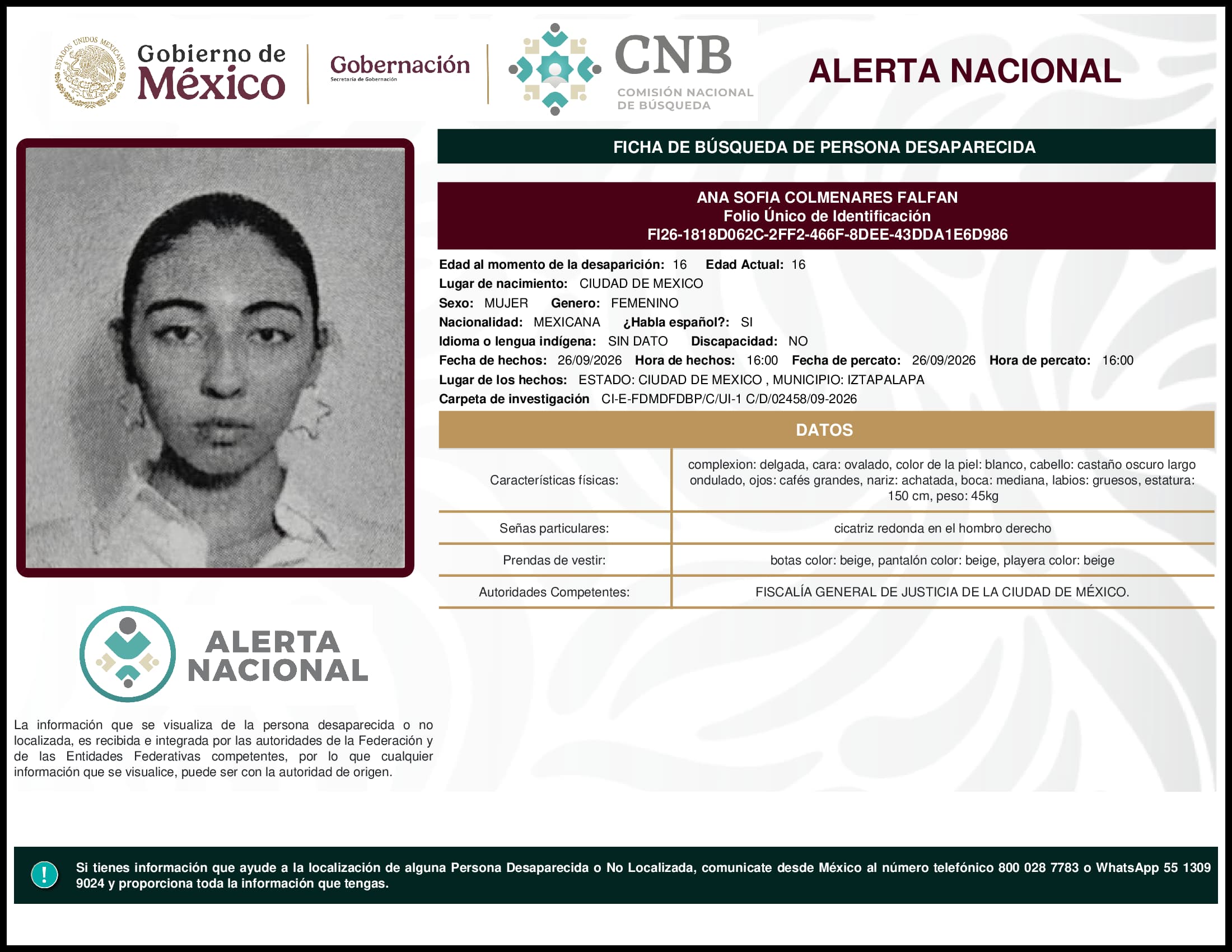 Persona desaparecida Ana Sofia Colmenares Falfan