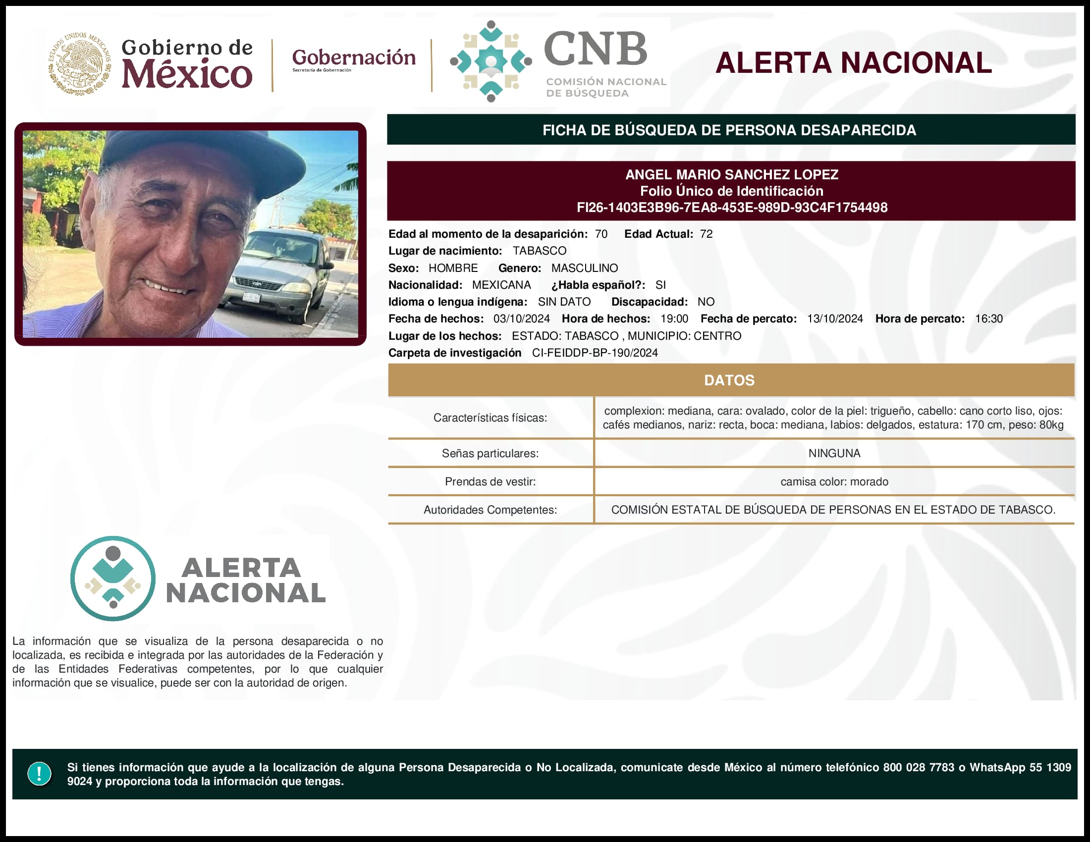 Persona desaparecida Angel Mario Sanchez Lopez