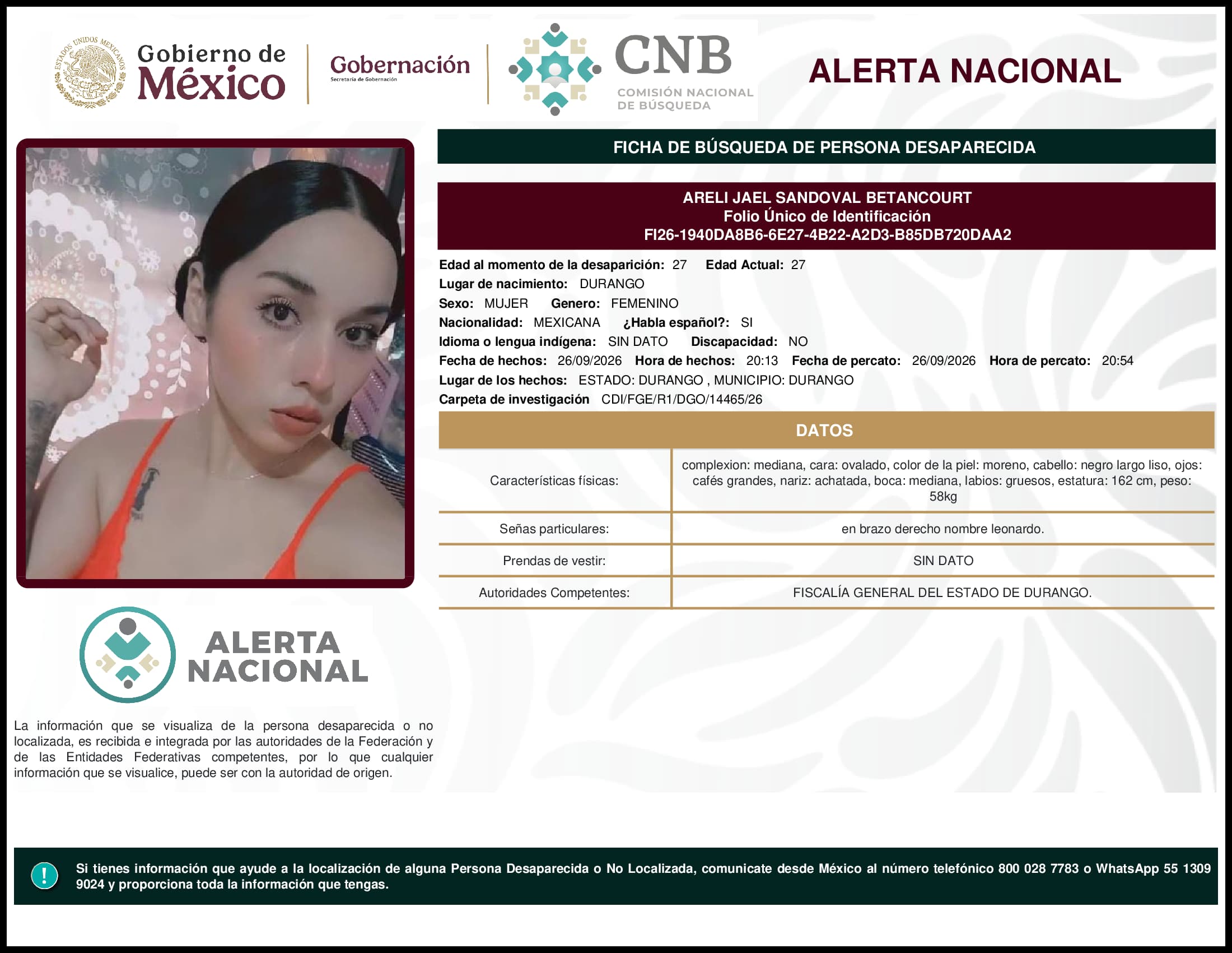 Persona desaparecida Areli Jael Sandoval Betancourt