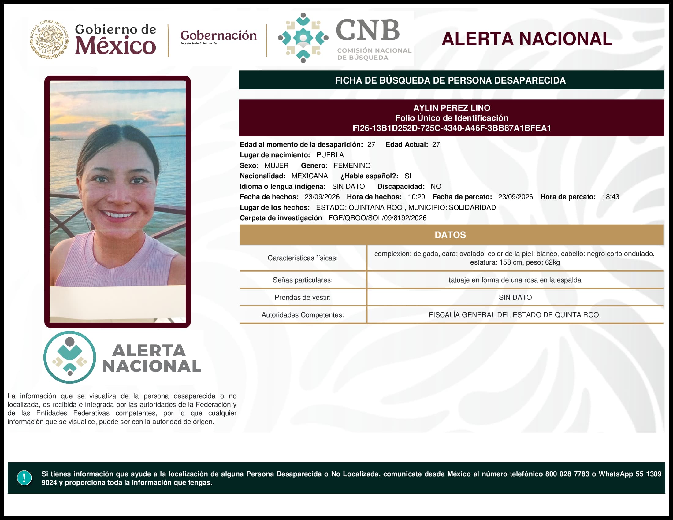 Persona desaparecida Aylin Perez Lino