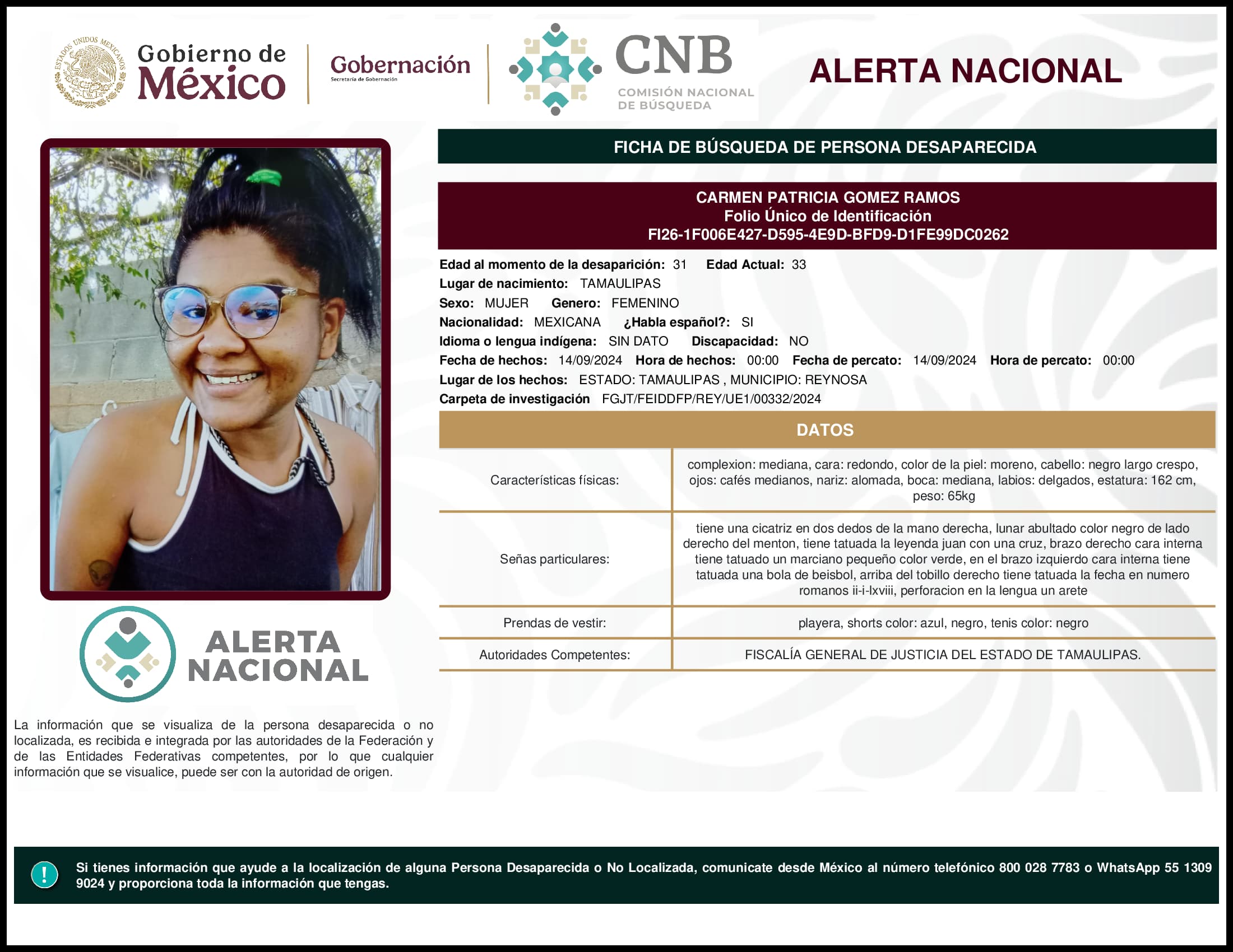 Persona desaparecida Carmen Patricia Gomez Ramos