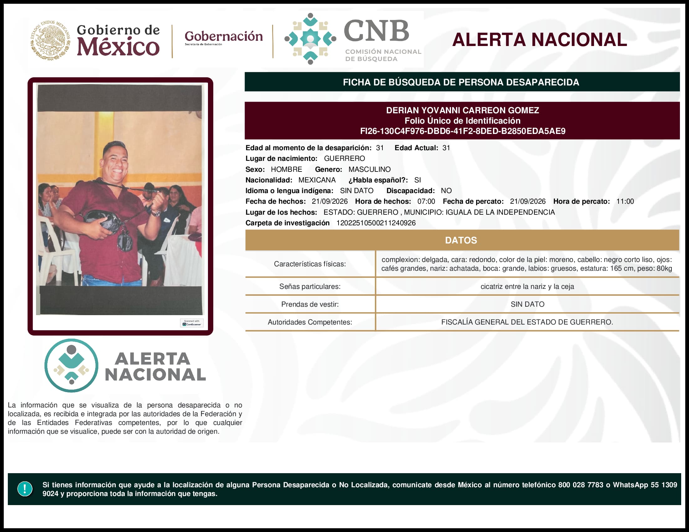Persona desaparecida Derian Yovanni Carreon Gomez