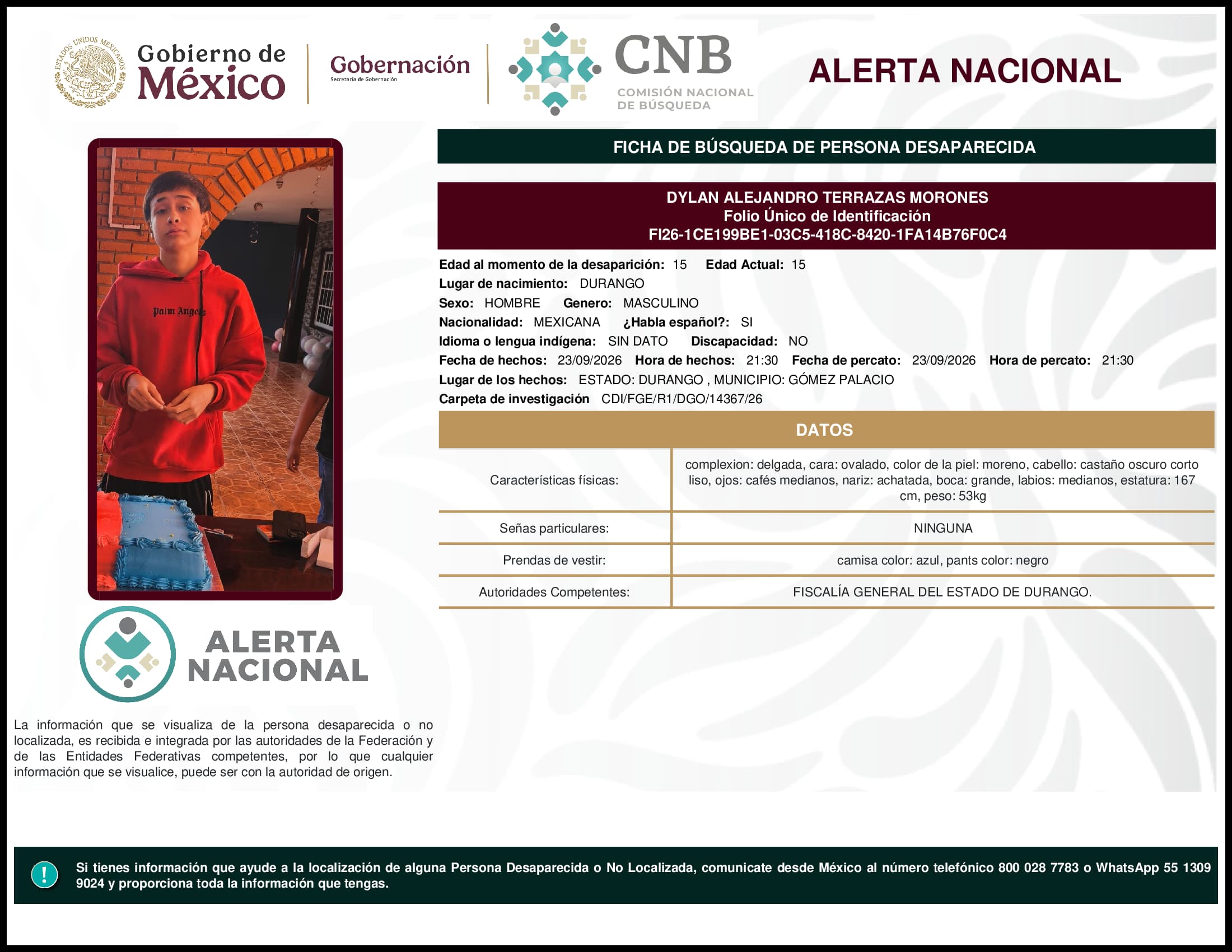 Persona desaparecida Dylan Alejandro Terrazas Morones