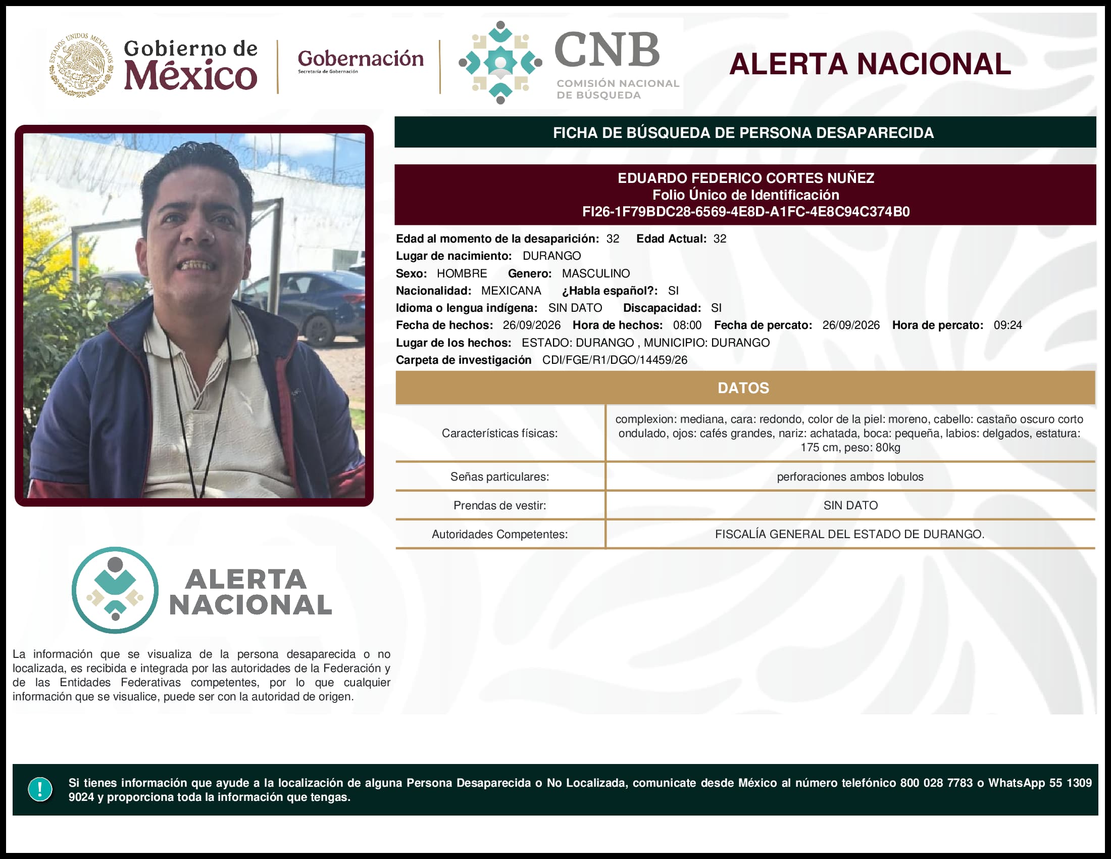 Persona desaparecida Eduardo Federico Cortes Nunez