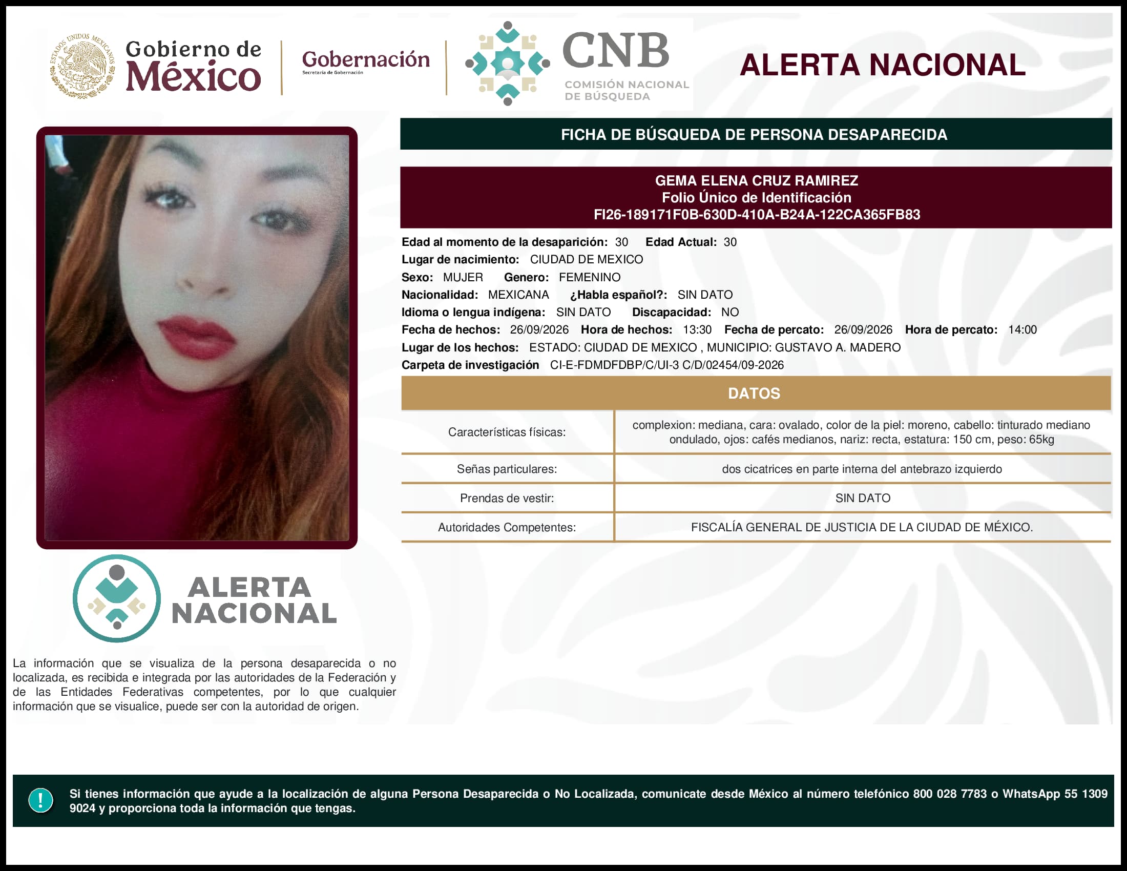 Persona desaparecida Gema Elena Cruz Ramirez