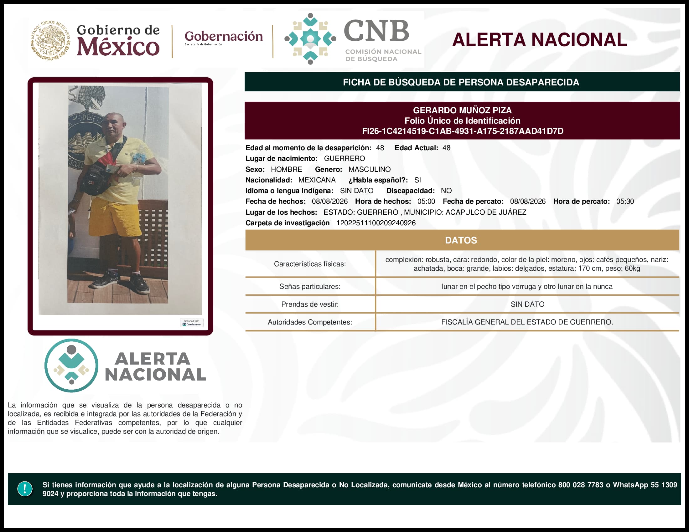 Persona desaparecida Gerardo Munoz Piza