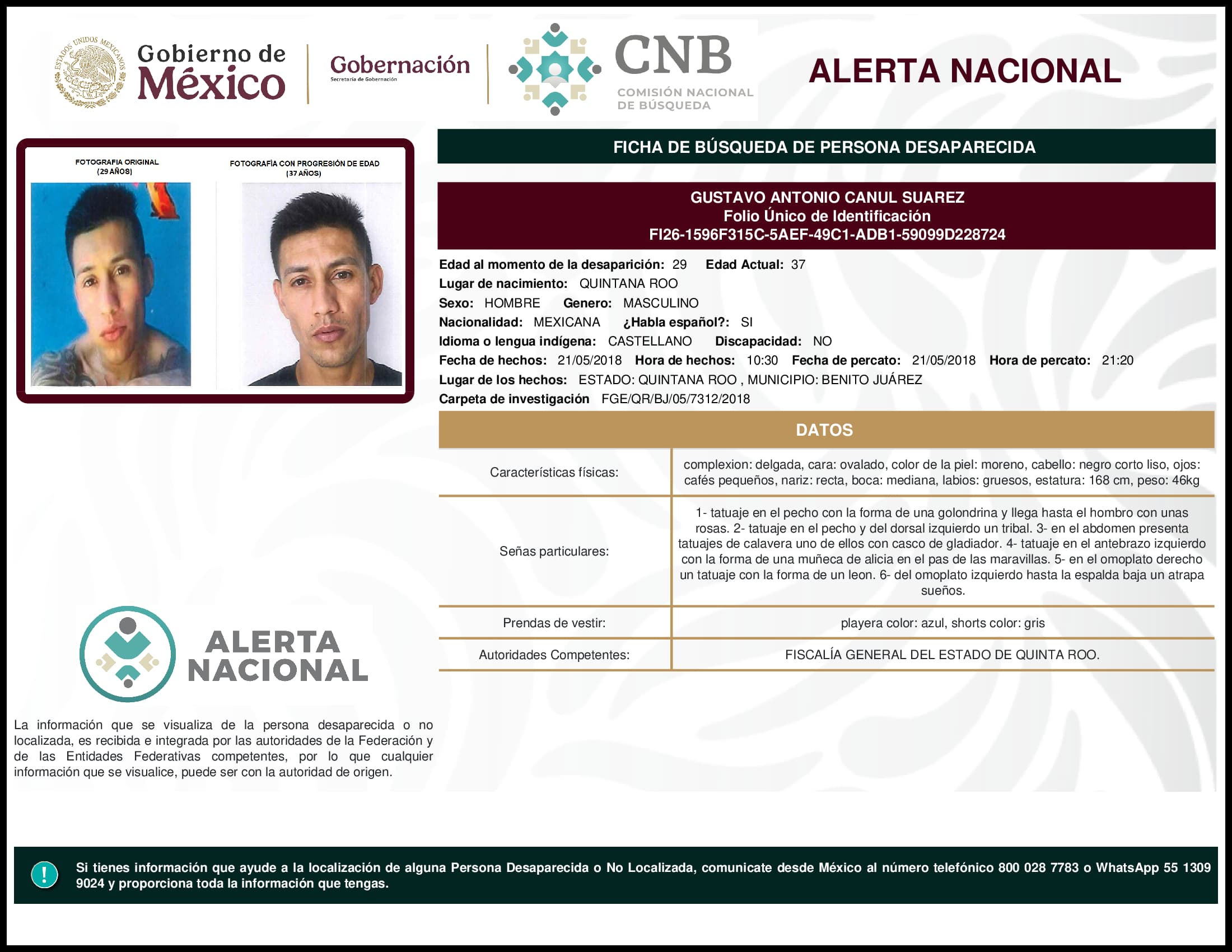 Persona desaparecida Gustavo Antonio Canul Suarez