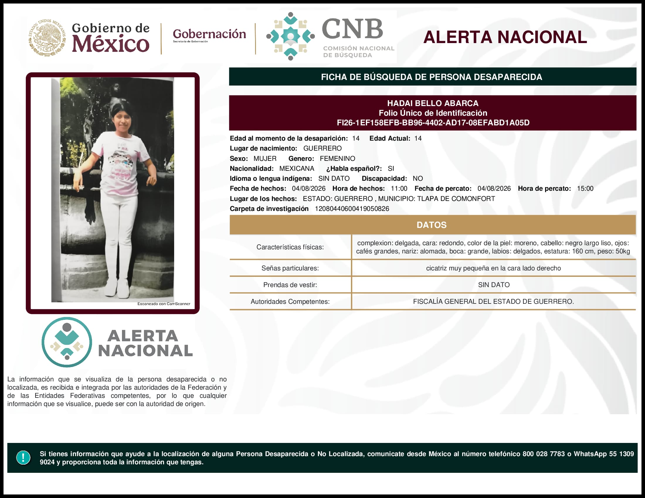 Persona desaparecida Hadai Bello Abarca