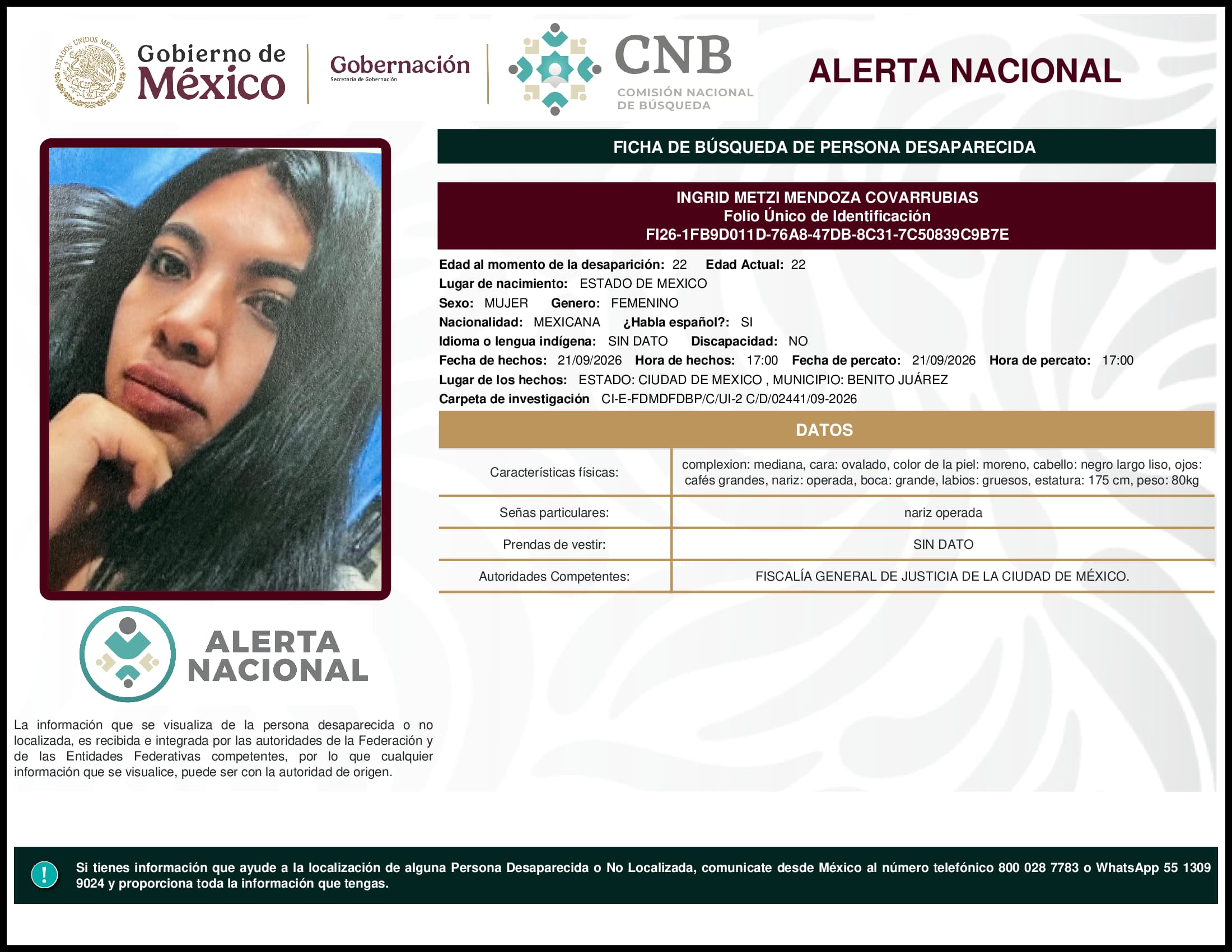 Persona desaparecida Ingrid Metzi Mendoza Covarrubias