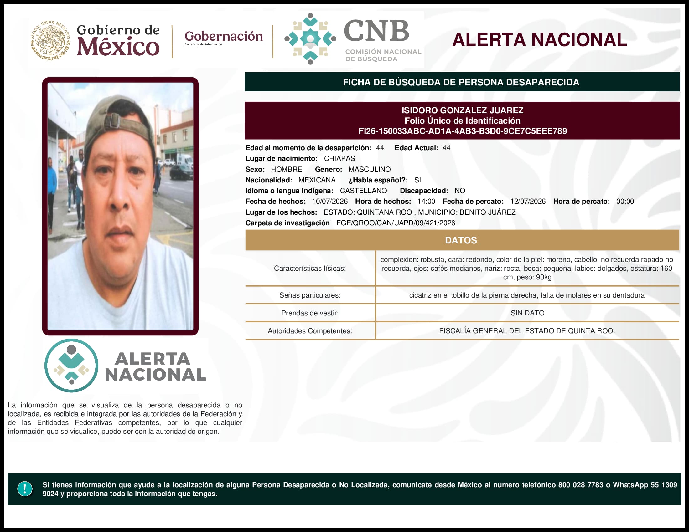 Persona desaparecida Isidoro Gonzalez Juarez