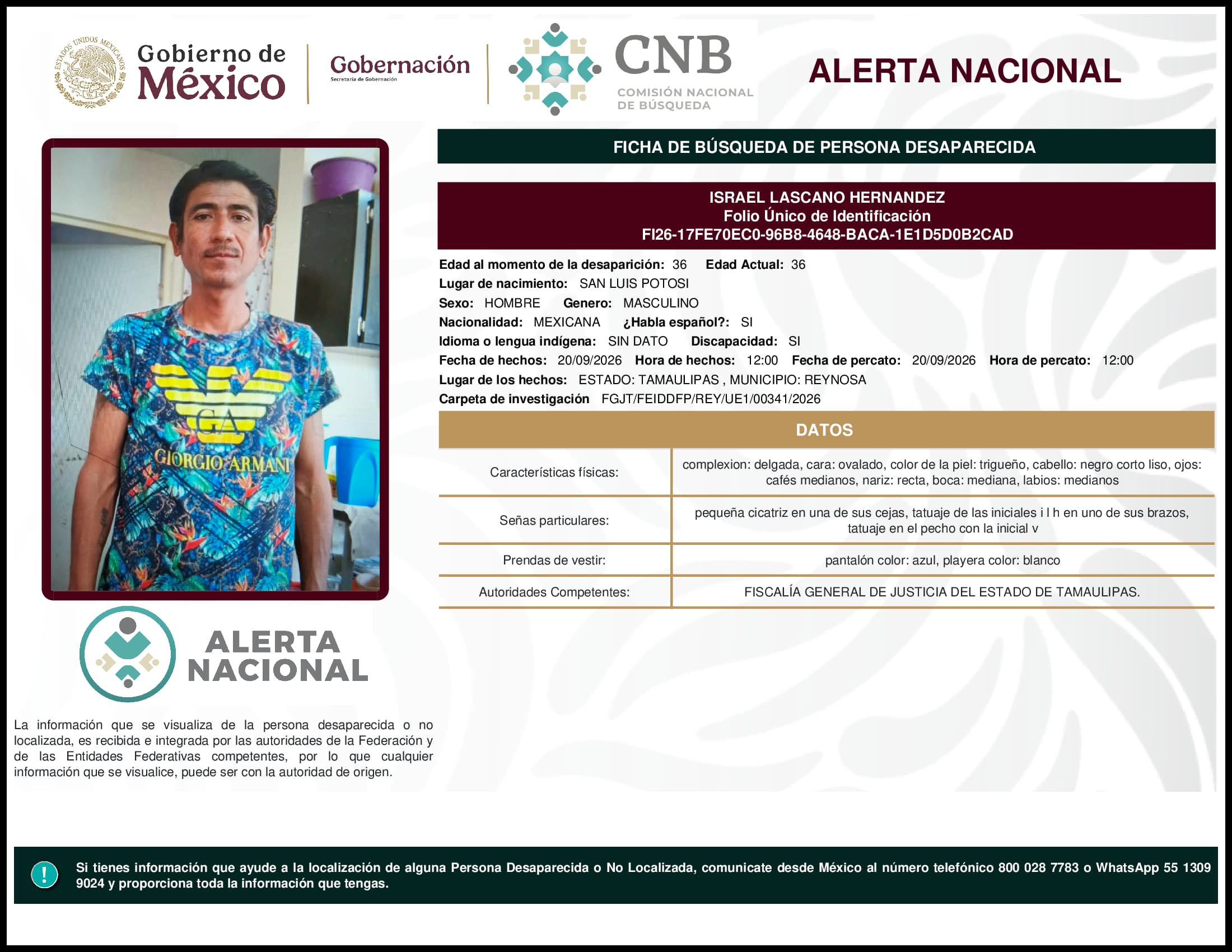 Persona desaparecida Israel Lascano Hernandez
