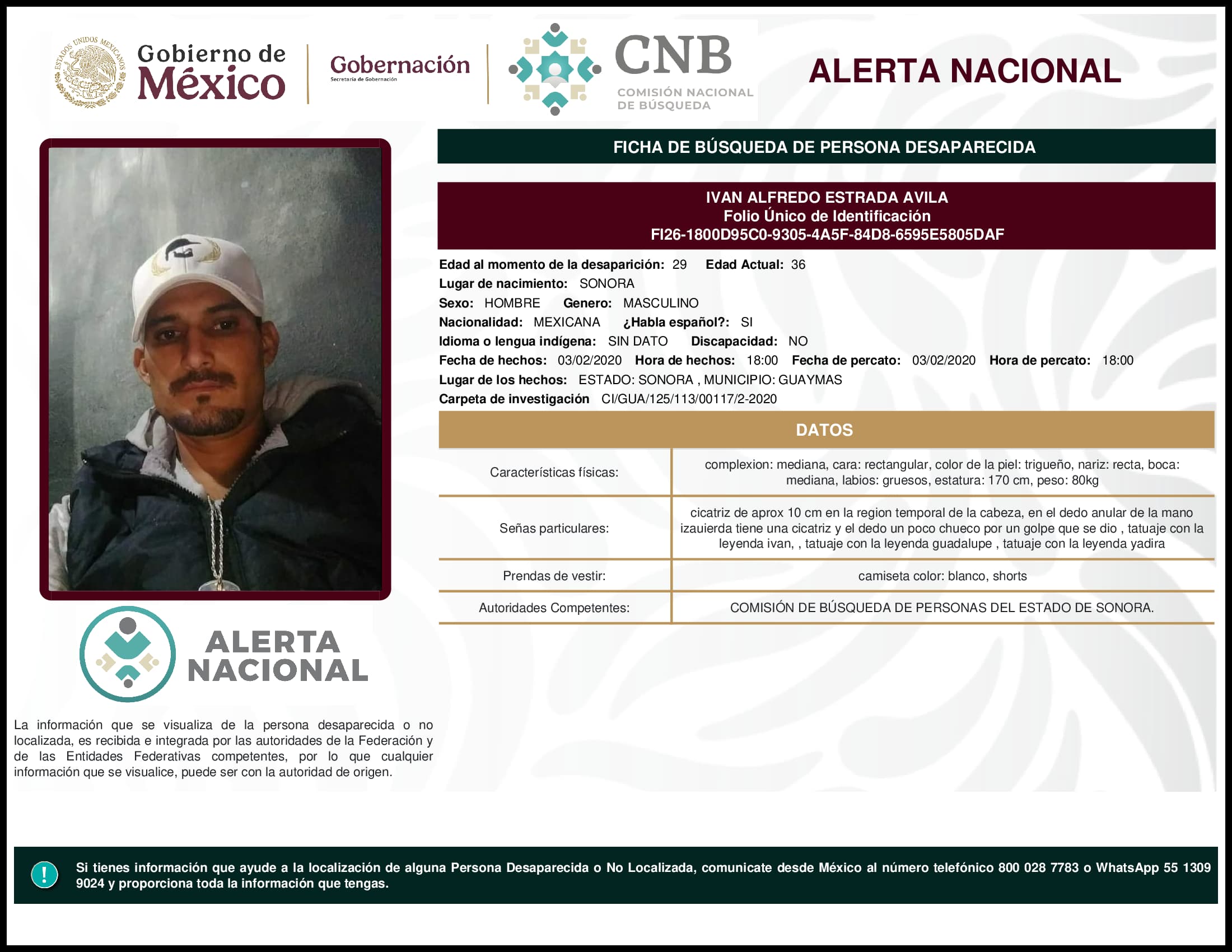 Persona desaparecida Ivan Alfredo Estrada Avila