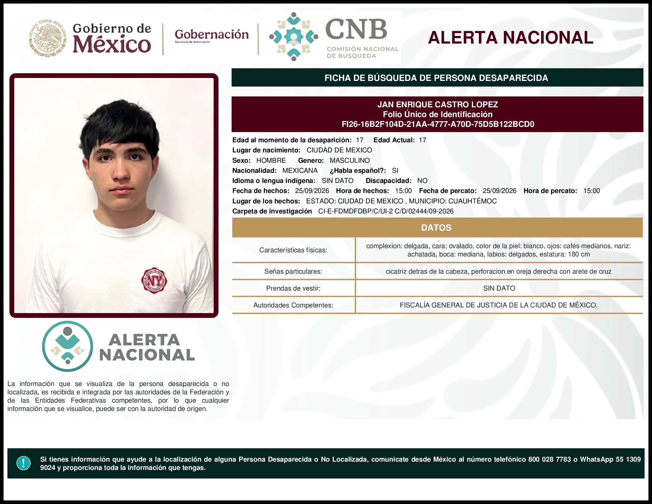 Persona desaparecida Jan Enrique Castro Lopez