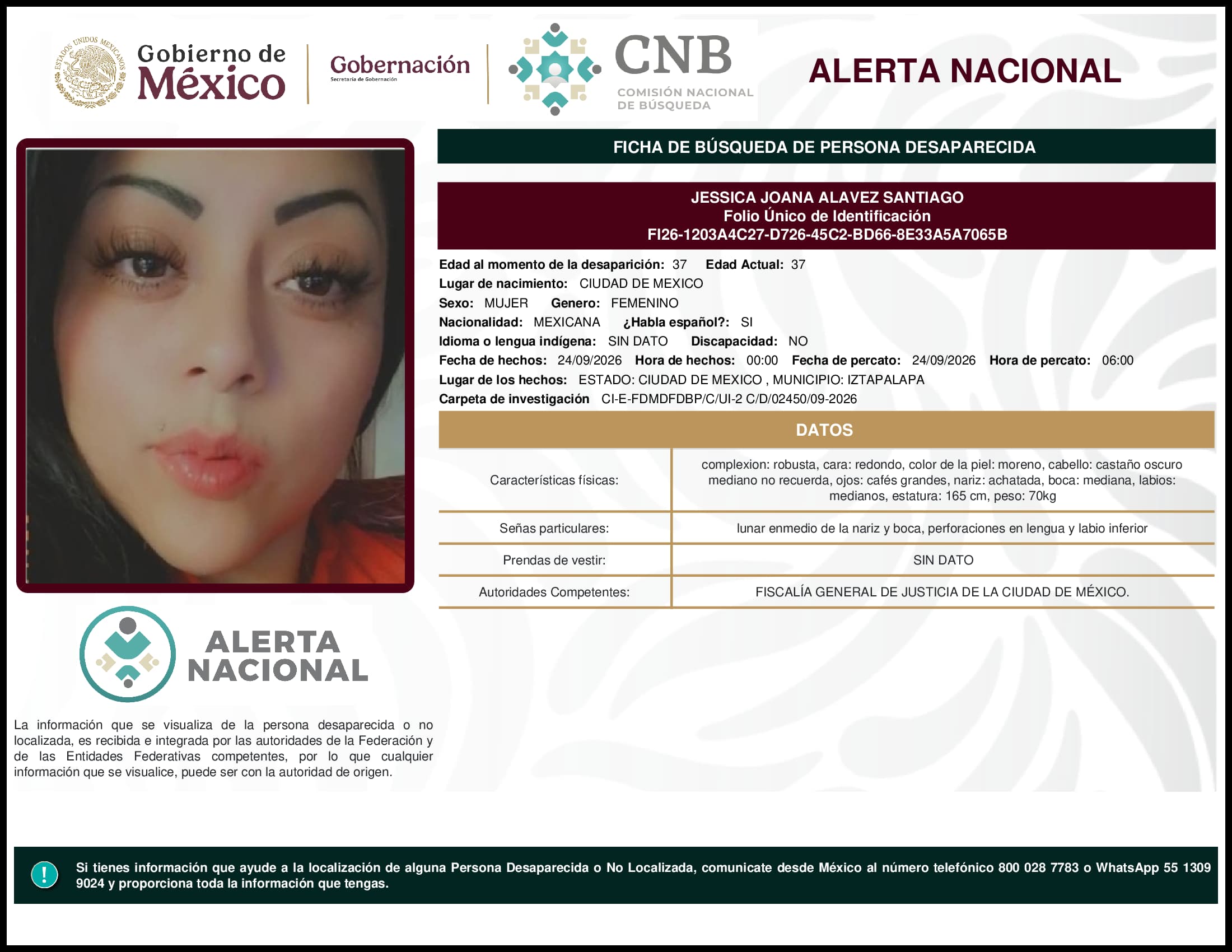 Persona desaparecida Jessica Joana Alavez Santiago