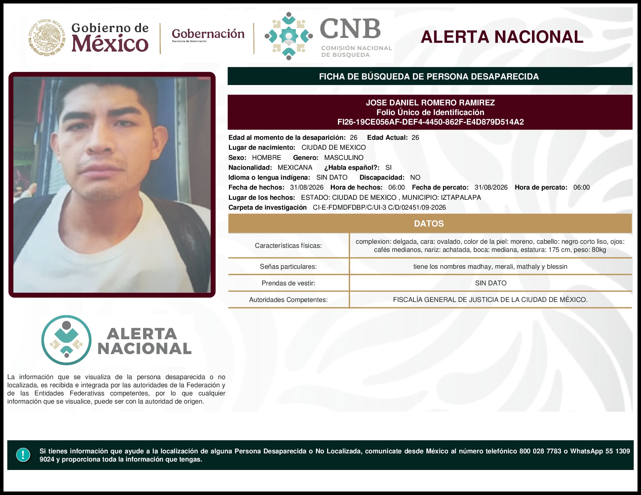 Persona desaparecida Jose Daniel Romero Ramirez