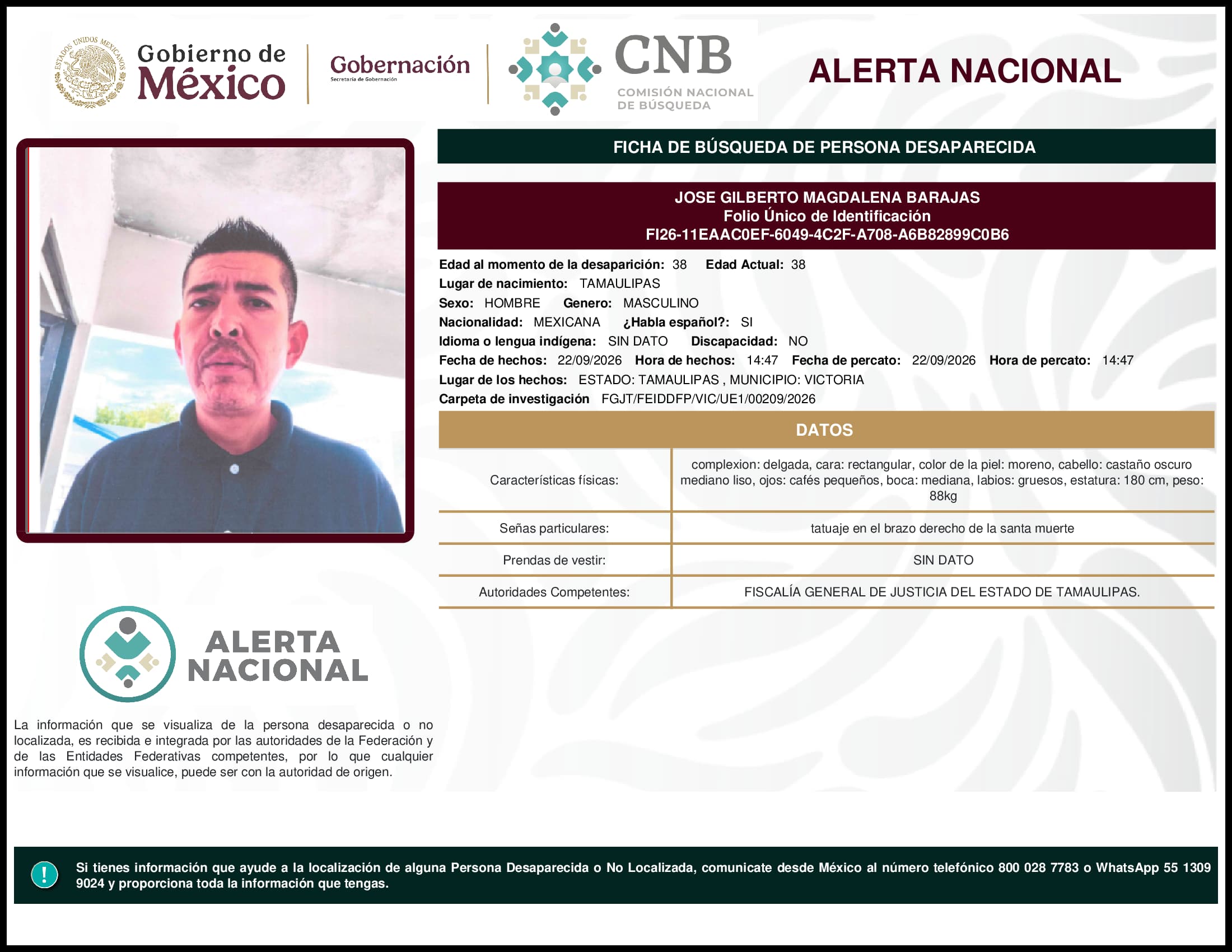 Persona desaparecida Jose Gilberto Magdalena Barajas