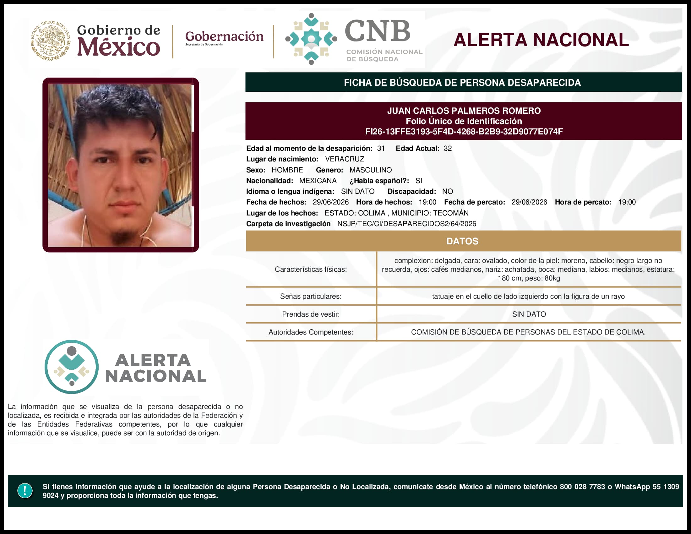 Persona desaparecida Juan Carlos Palmeros Romero