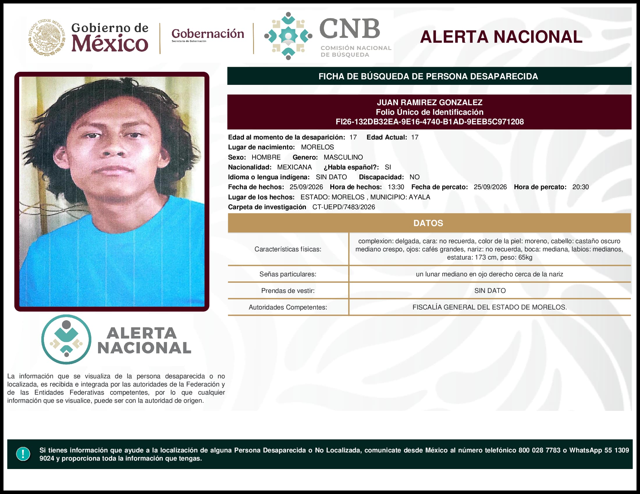 Persona desaparecida Juan Ramirez Gonzalez