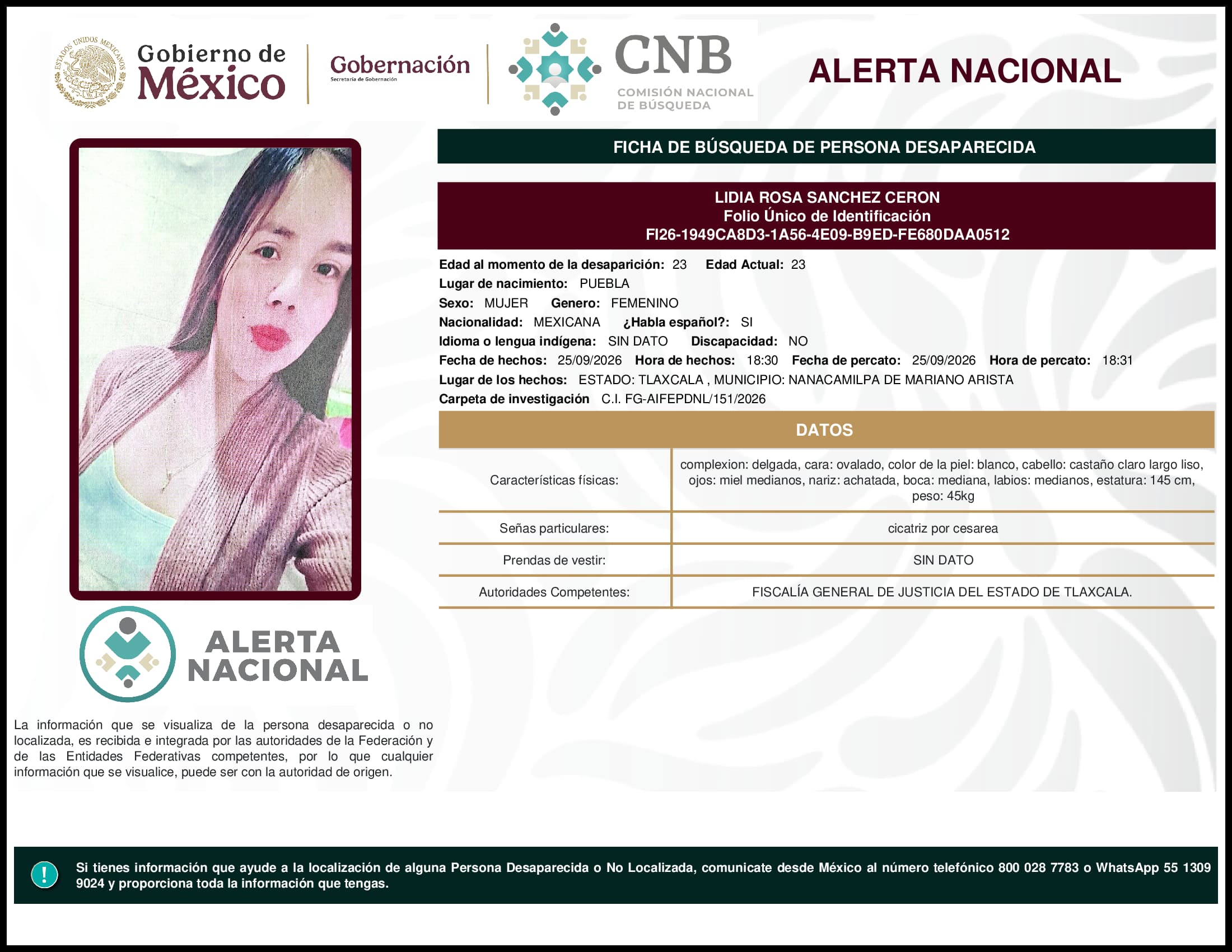 Persona desaparecida Lidia Rosa Sanchez Ceron