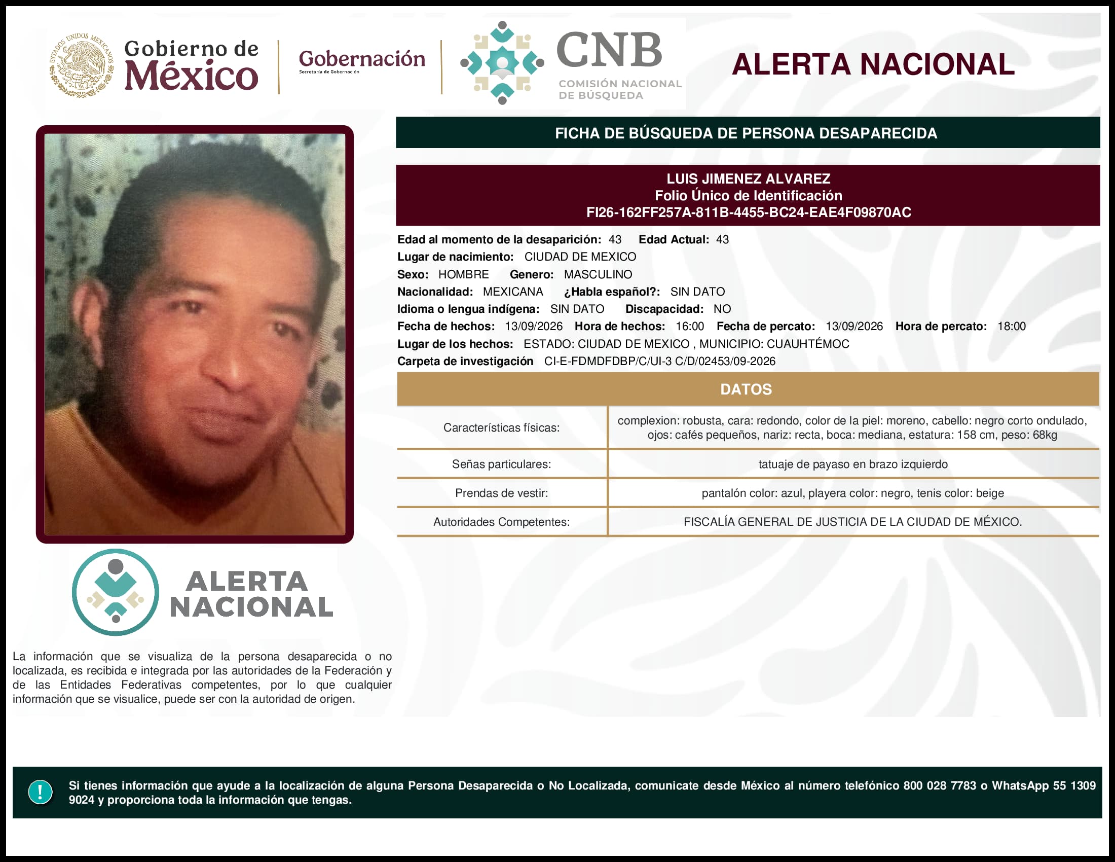 Persona desaparecida Luis Jimenez Alvarez