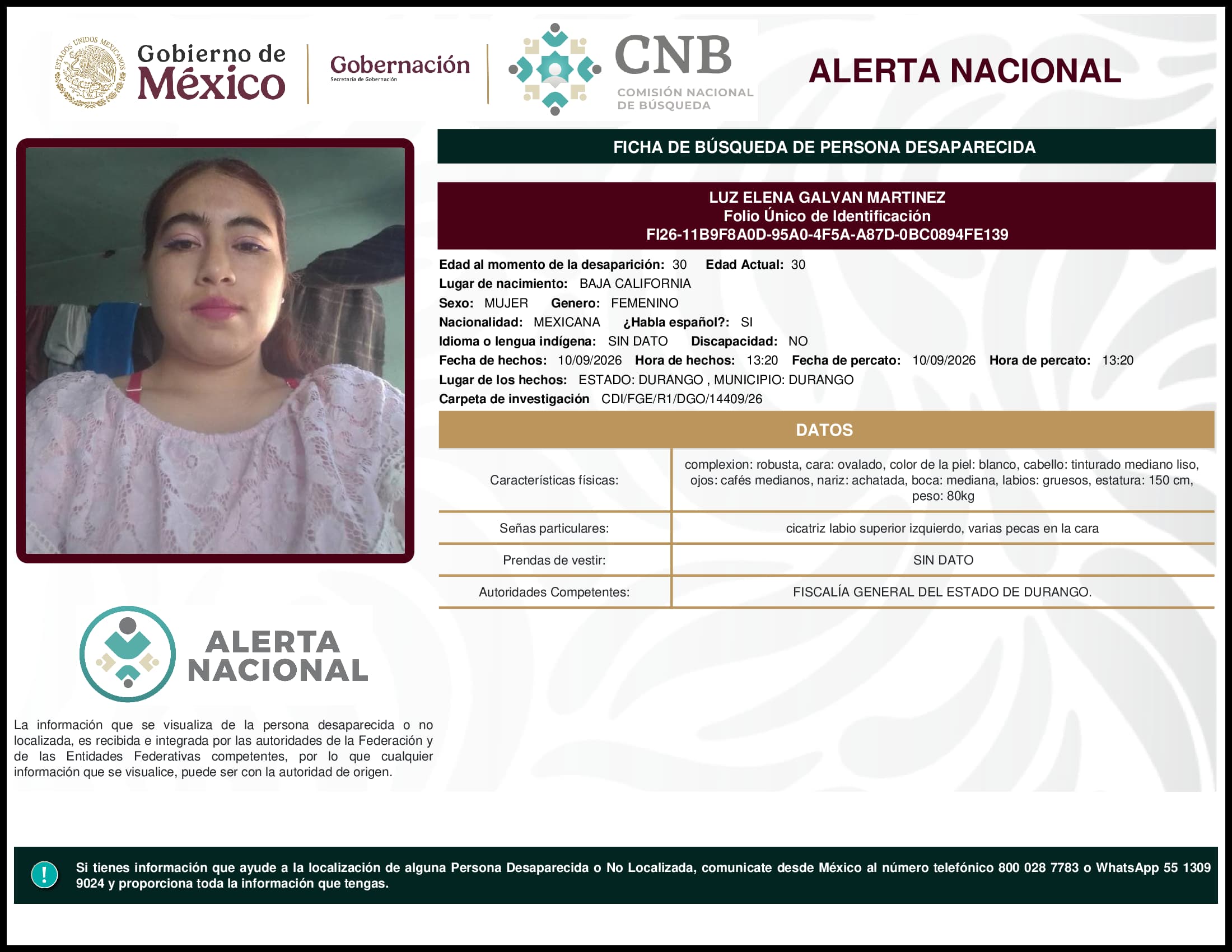 Persona desaparecida Luz Elena Galvan Martinez
