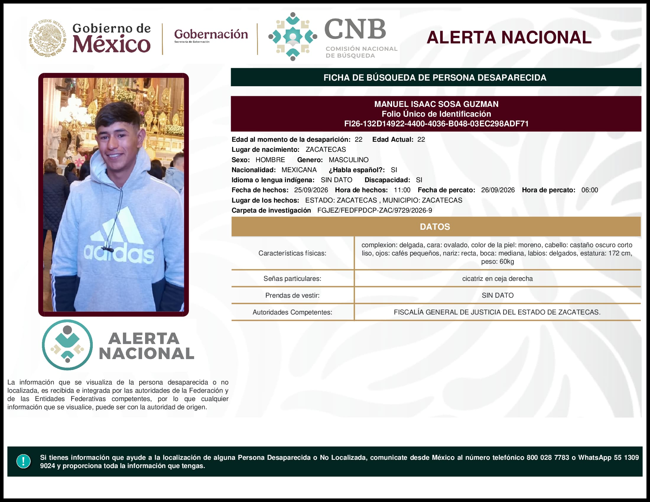 Persona desaparecida Manuel Isaac Sosa Guzman
