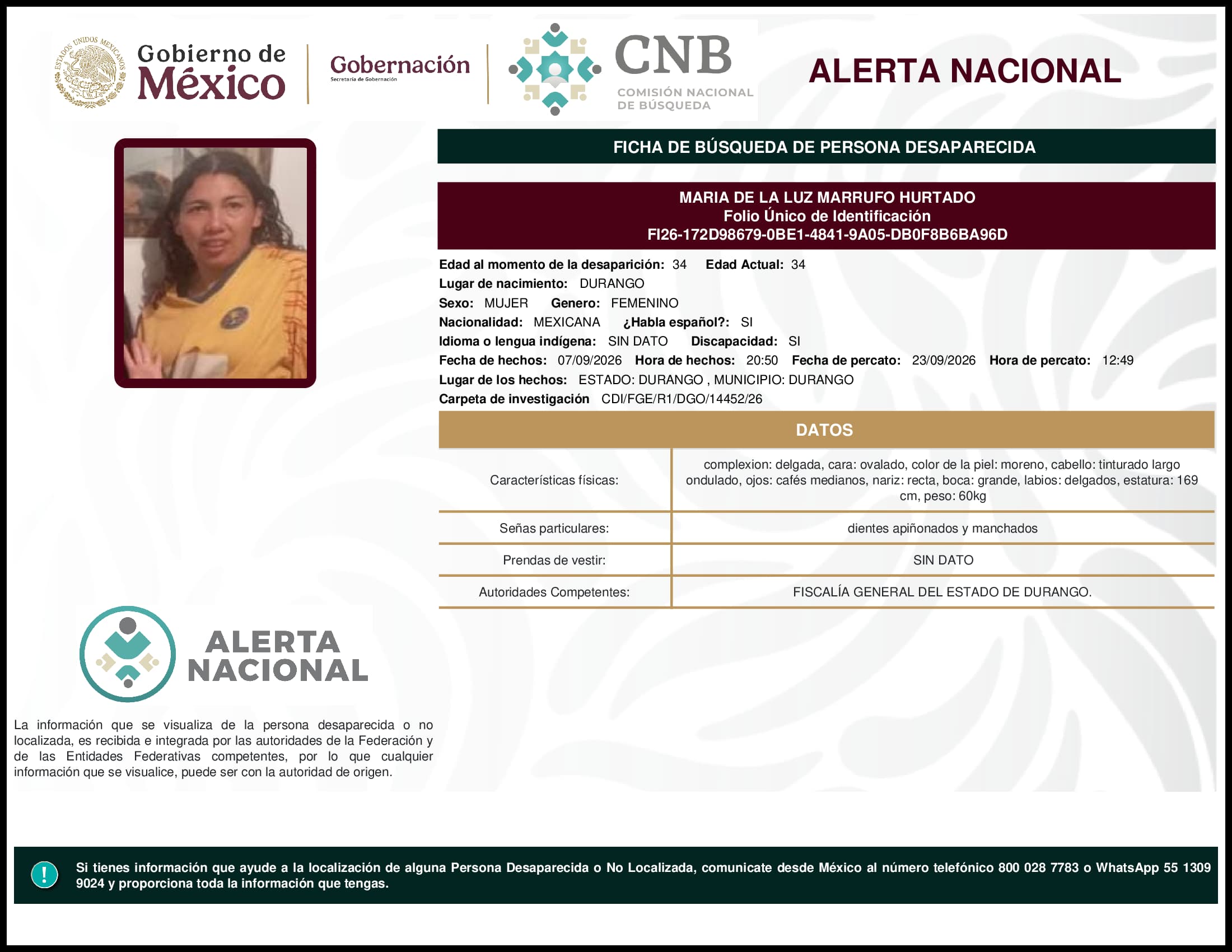 Persona desaparecida Maria De La Luz Marrufo Hurtado
