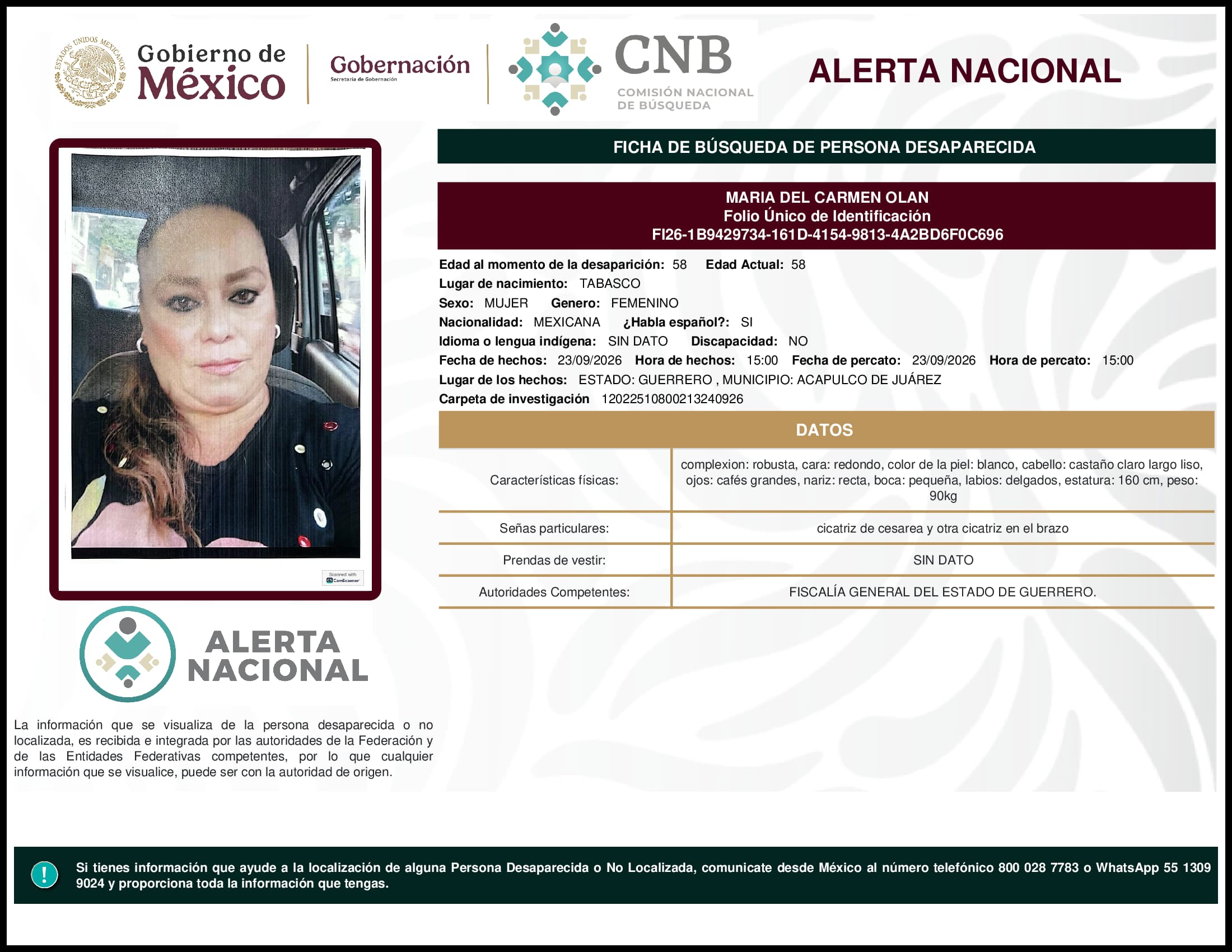 Persona desaparecida Maria Del Carmen Olan
