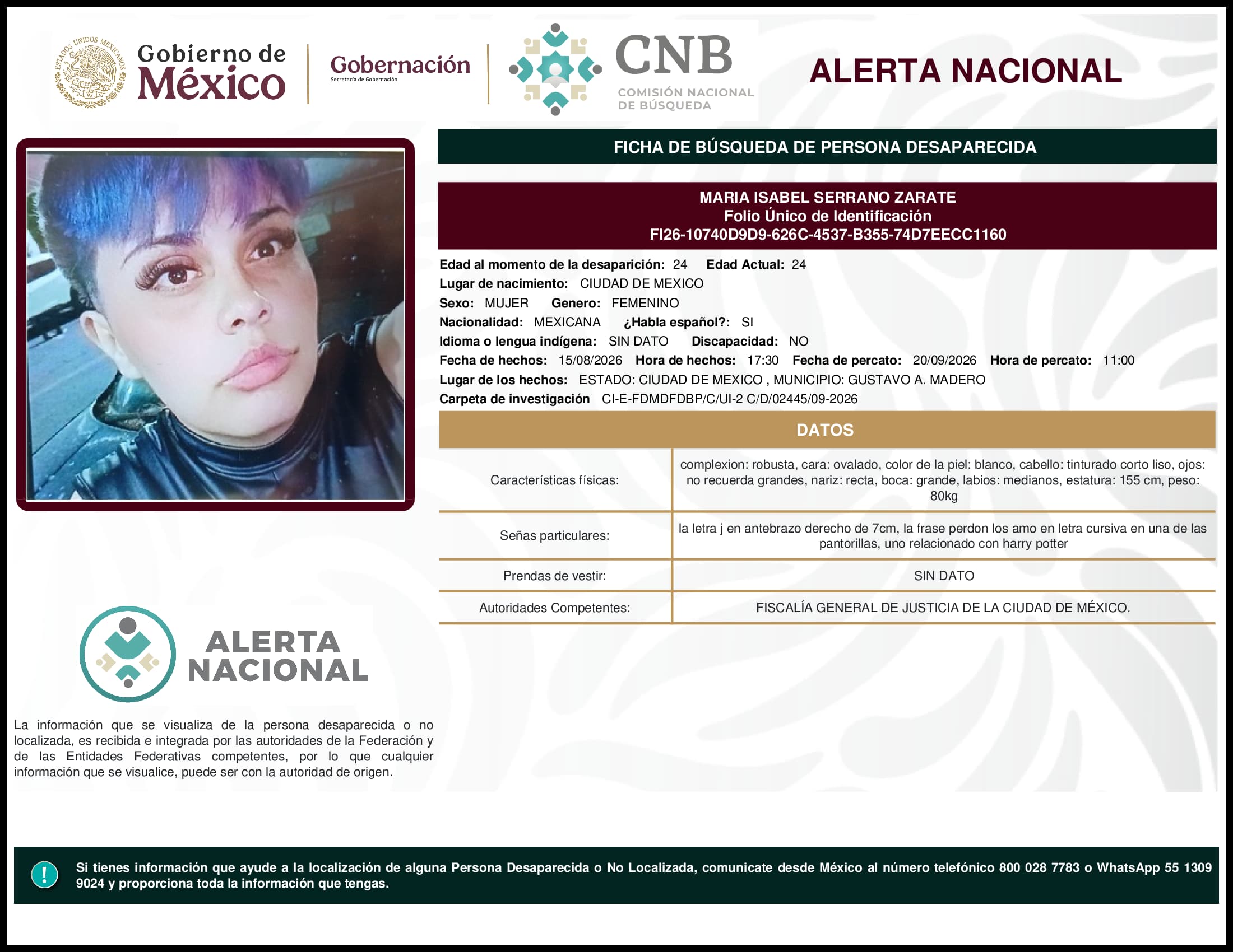 Persona desaparecida Maria Isabel Serrano Zarate