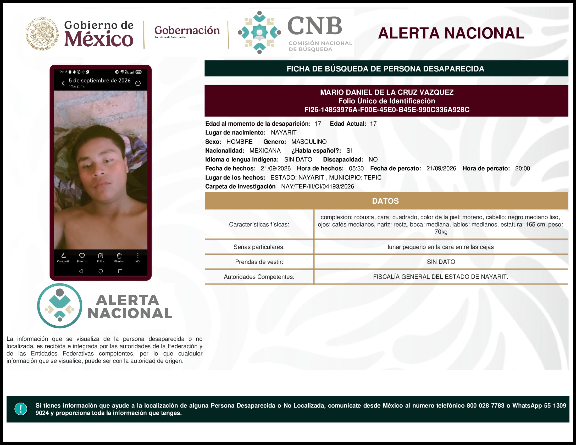 Persona desaparecida Mario Daniel De La Cruz Vazquez