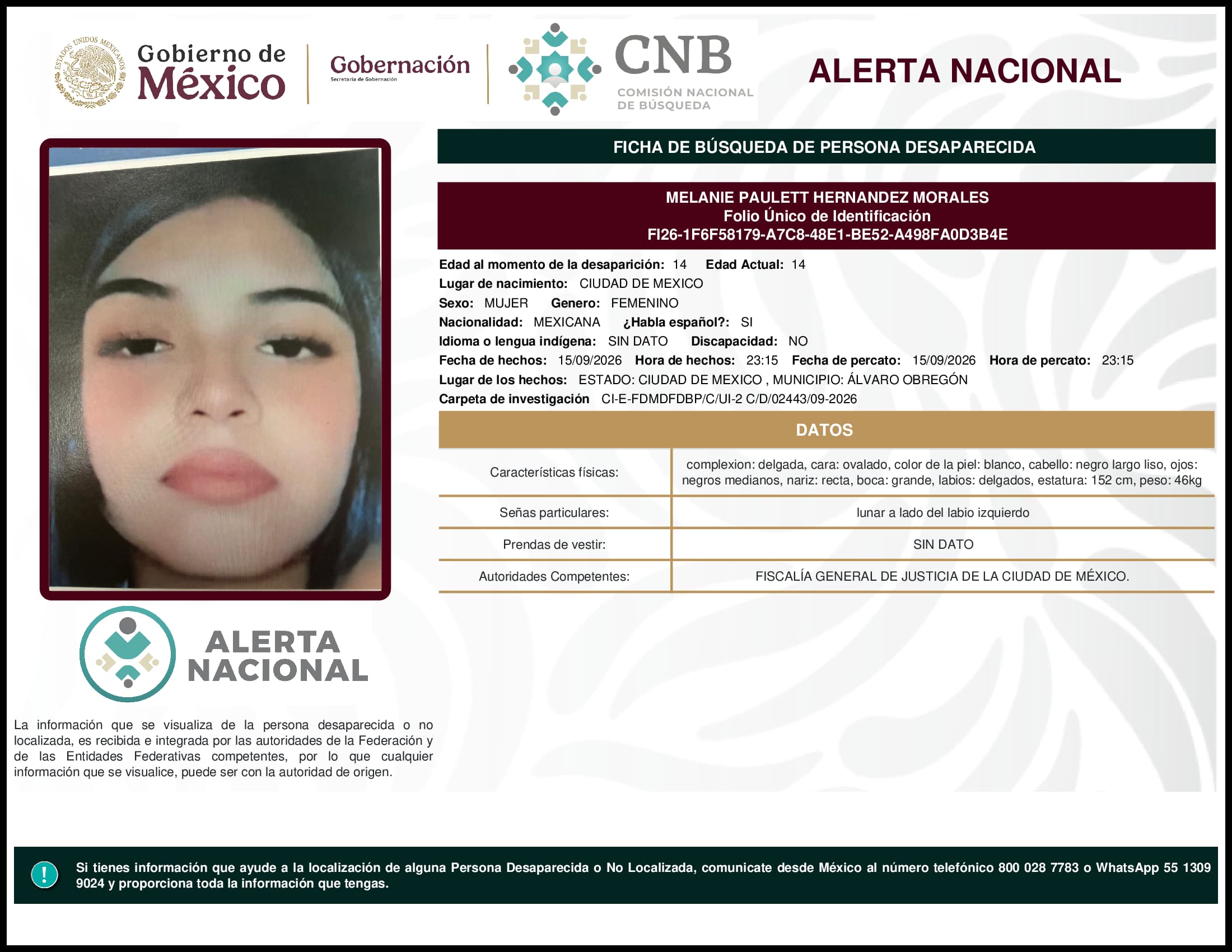 Persona desaparecida Melanie Paulett Hernandez Morales