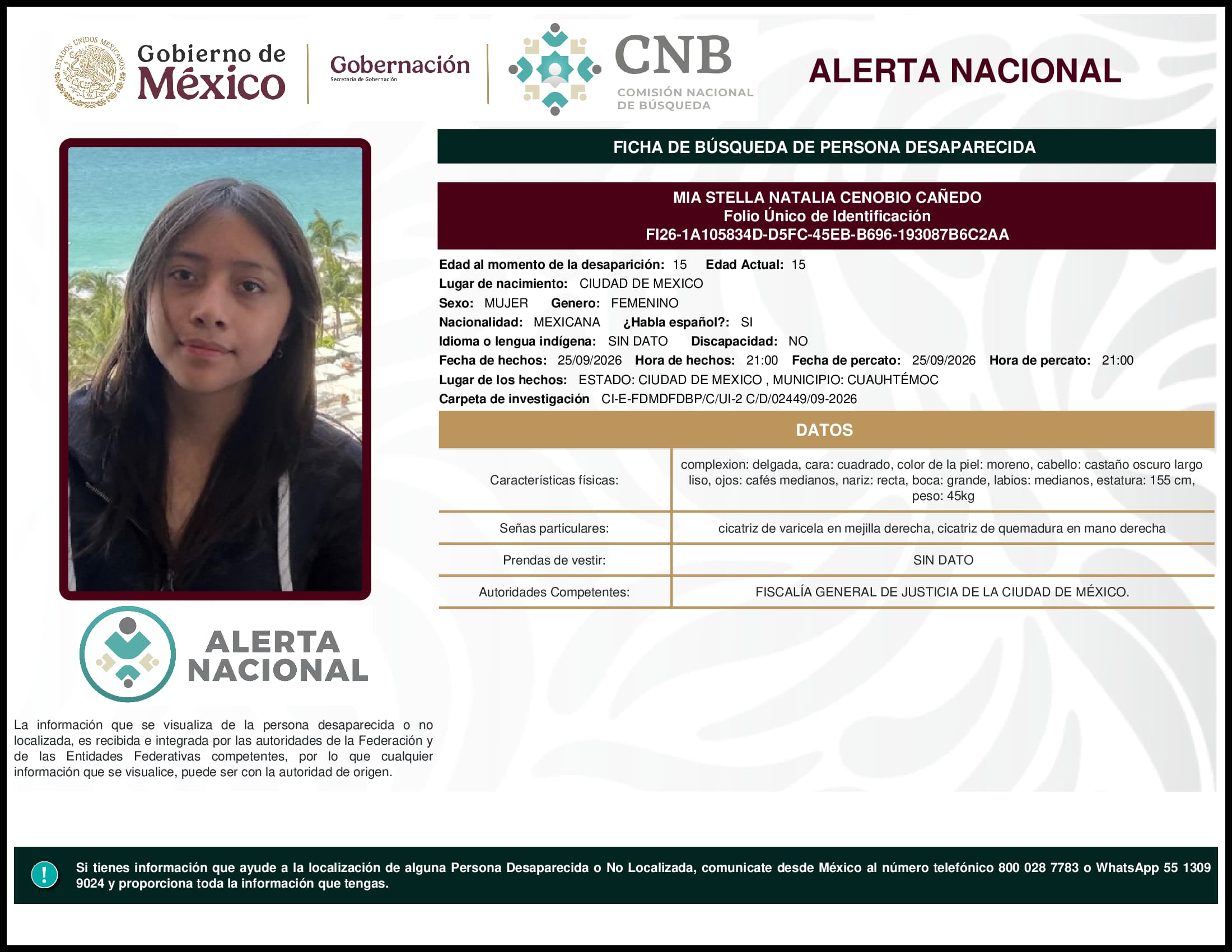 Persona desaparecida Mia Stella Natalia Cenobio Canedo