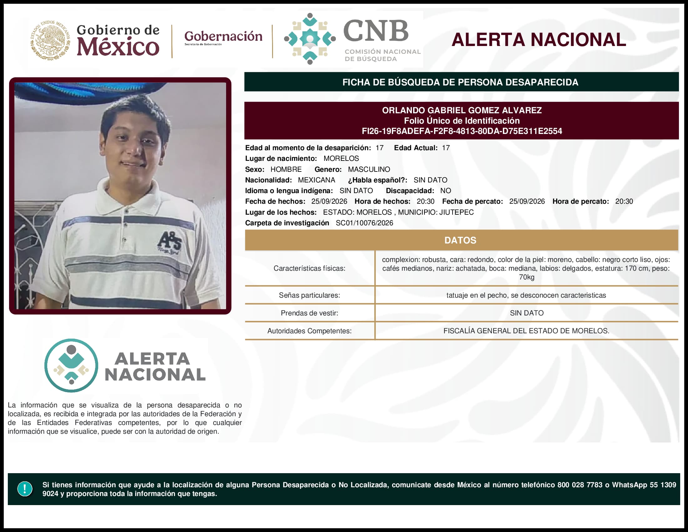 Persona desaparecida Orlando Gabriel Gomez Alvarez