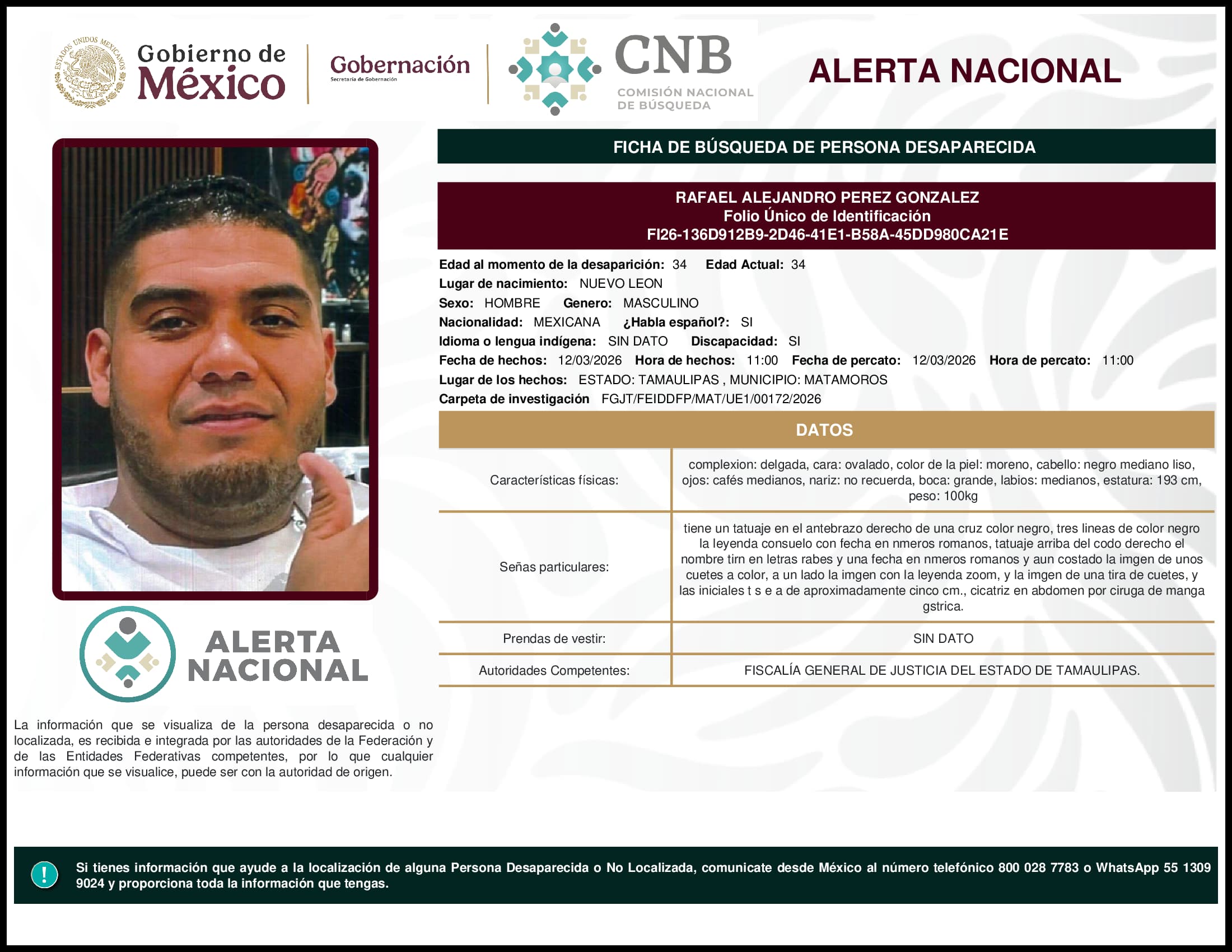 Persona desaparecida Rafael Alejandro Perez Gonzalez