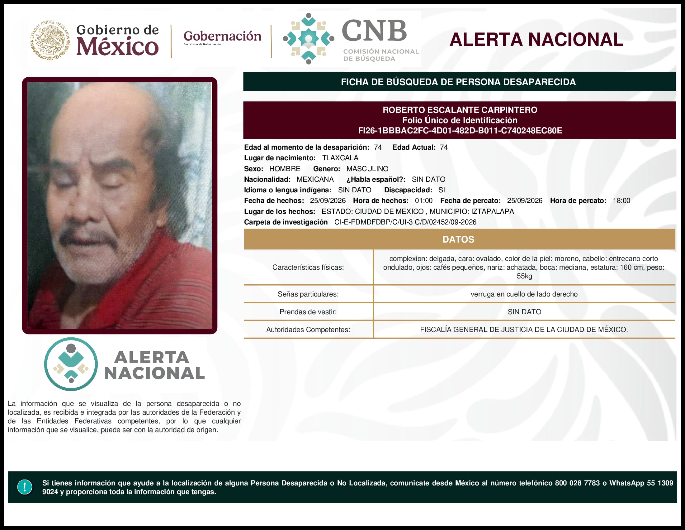Persona desaparecida Roberto Escalante Carpintero