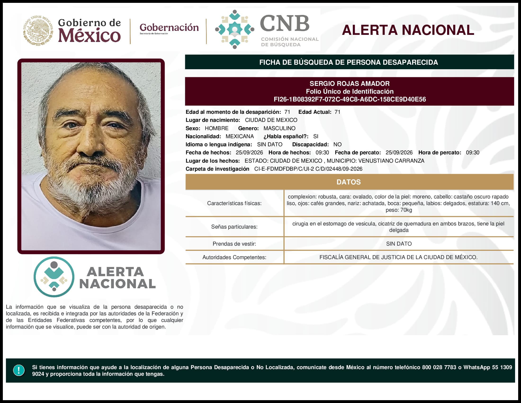 Persona desaparecida Sergio Rojas Amador