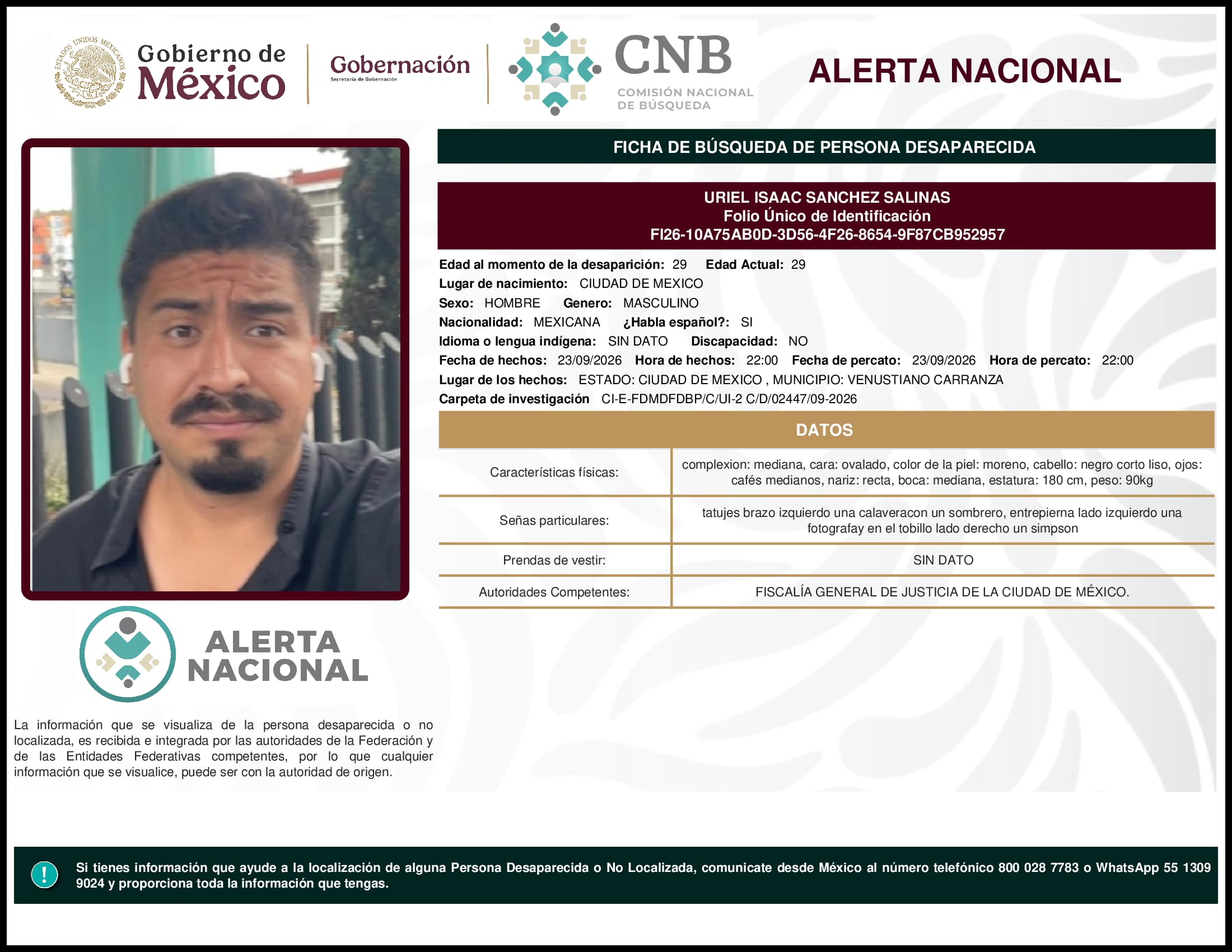 Persona desaparecida Uriel Isaac Sanchez Salinas