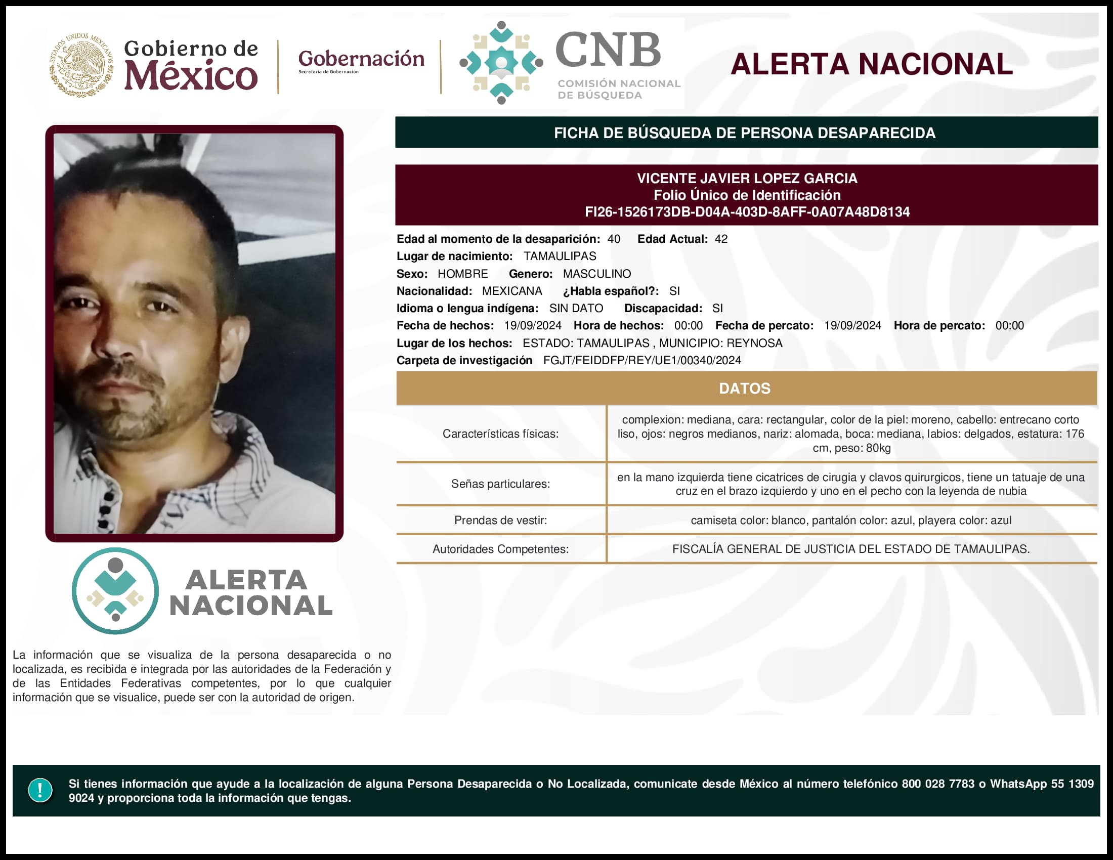 Persona desaparecida Vicente Javier Lopez Garcia