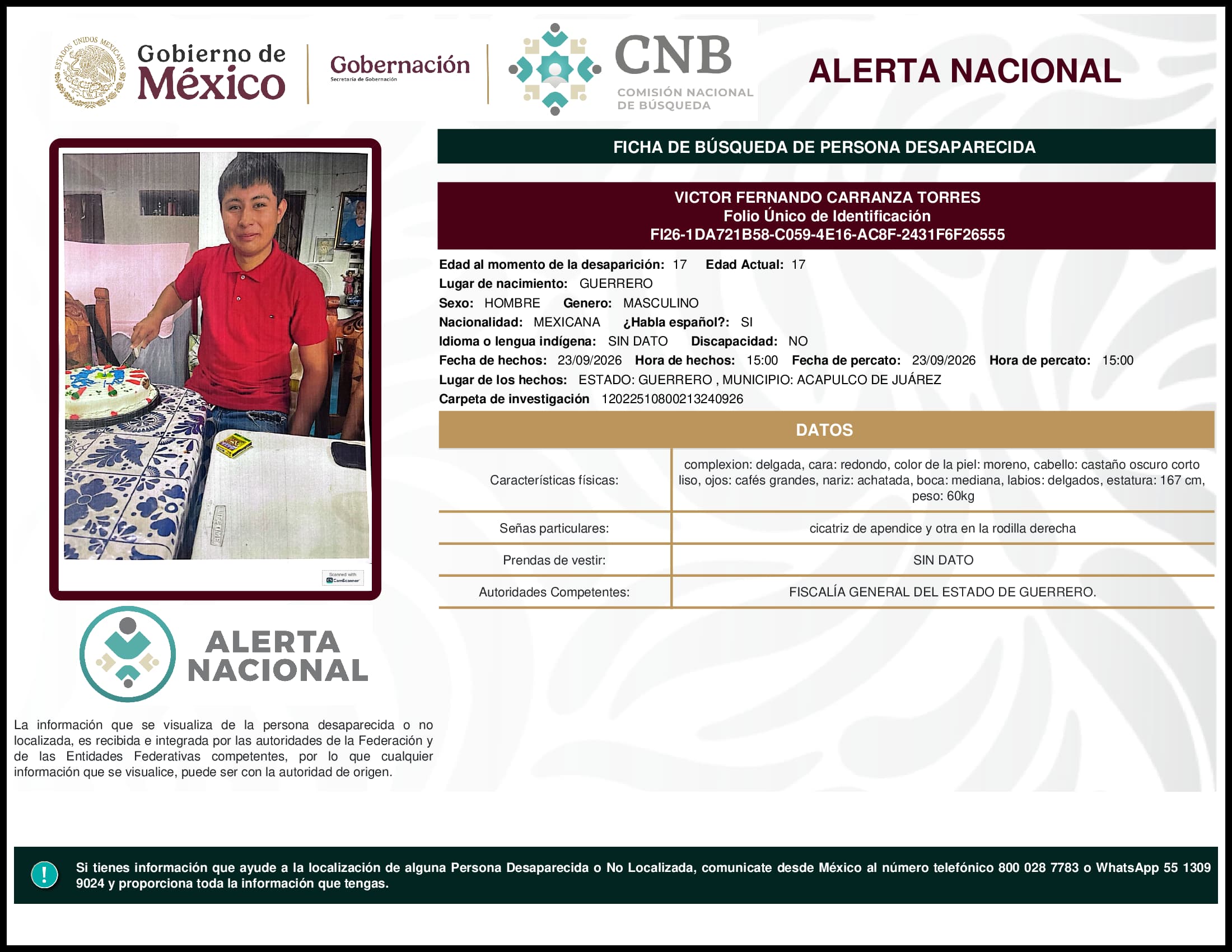 Persona desaparecida Victor Fernando Carranza Torres