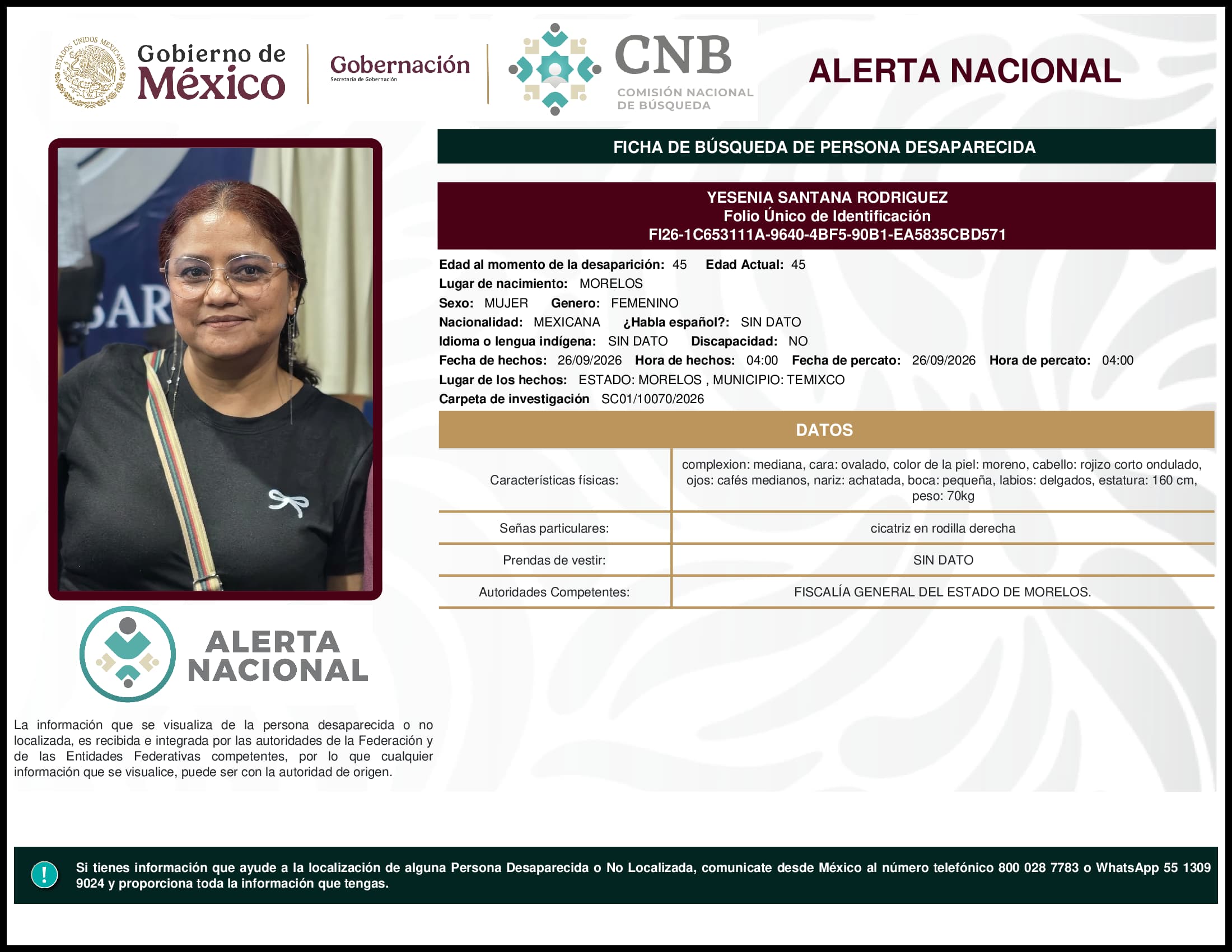 Persona desaparecida Yesenia Santana Rodriguez