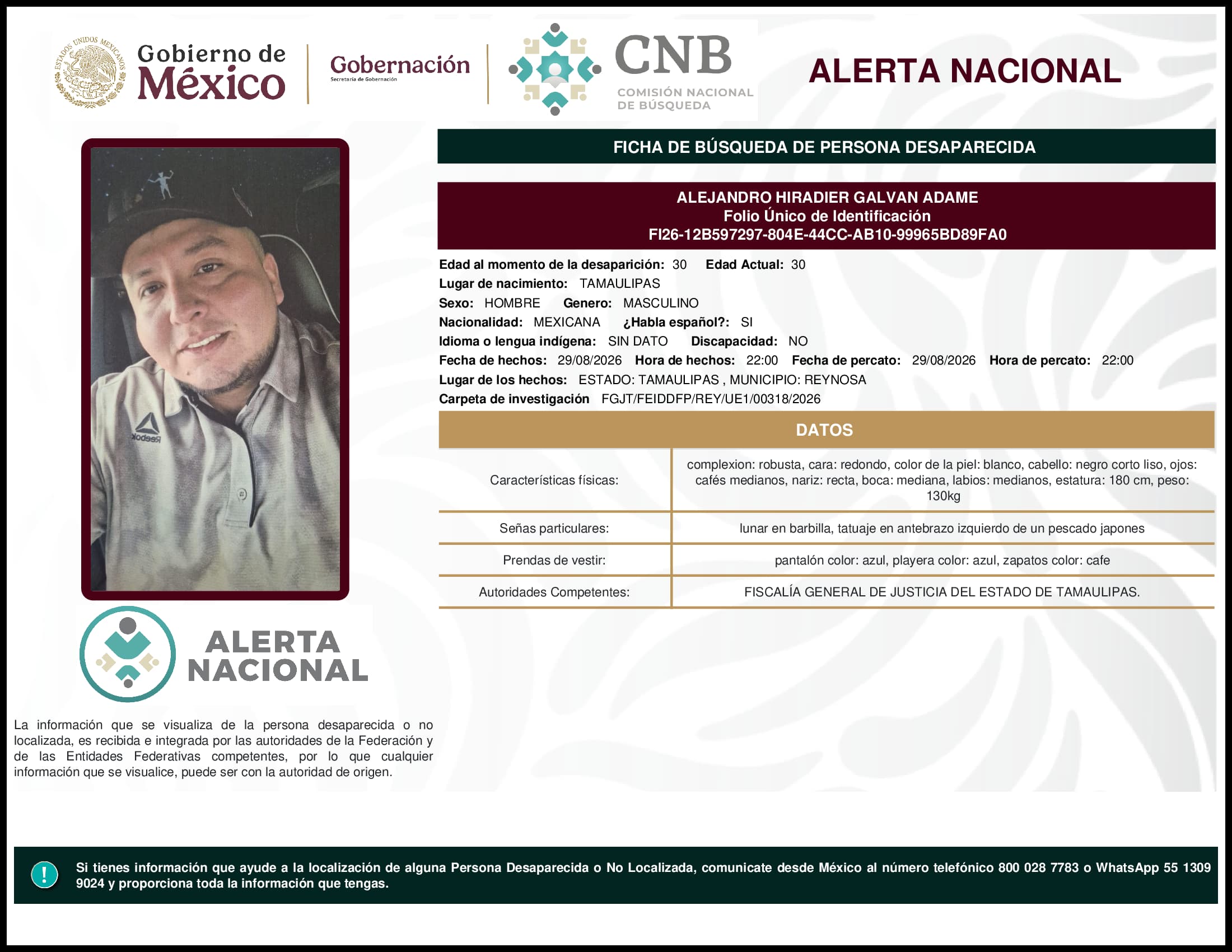 Persona desaparecida Alejandro Hiradier Galvan Adame