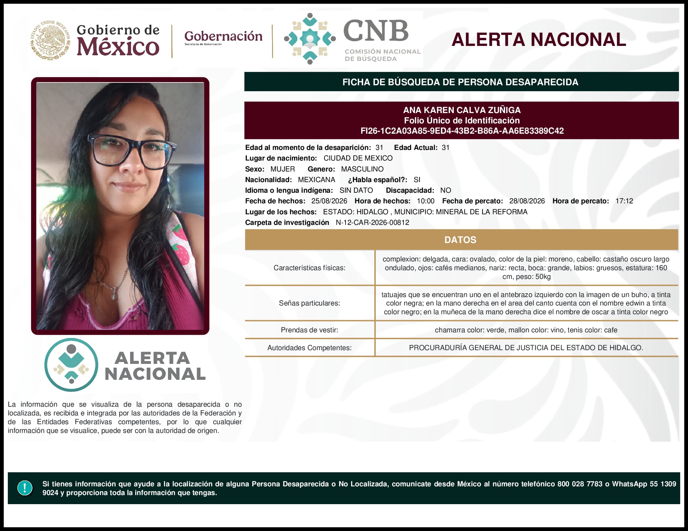 Persona desaparecida Ana Karen Calva Zuniga
