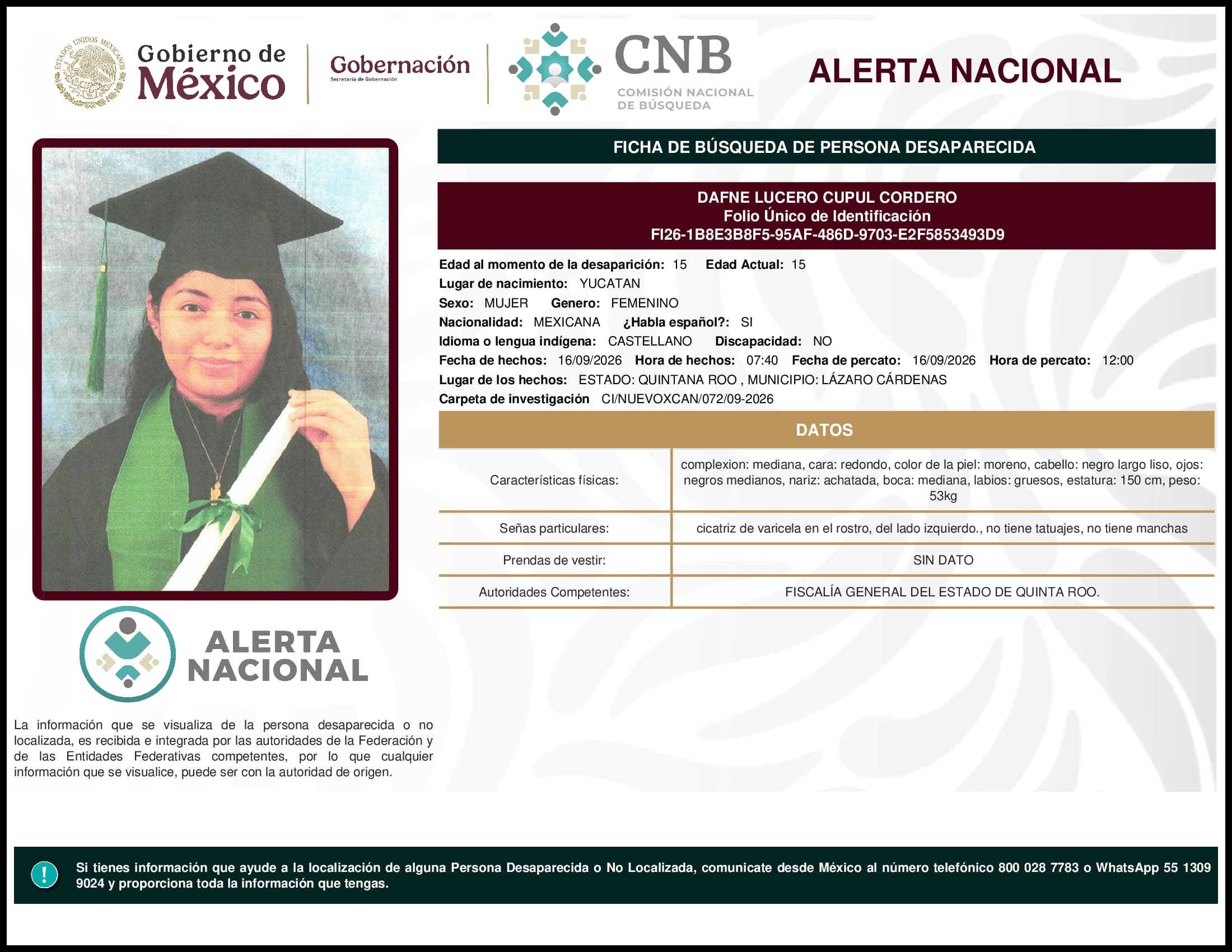Persona desaparecida Dafne Lucero Cupul Cordero