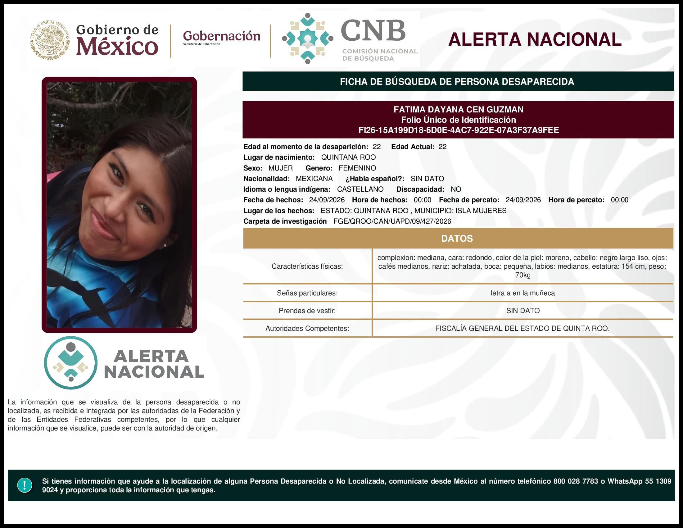 Persona desaparecida Fatima Dayana Cen Guzman