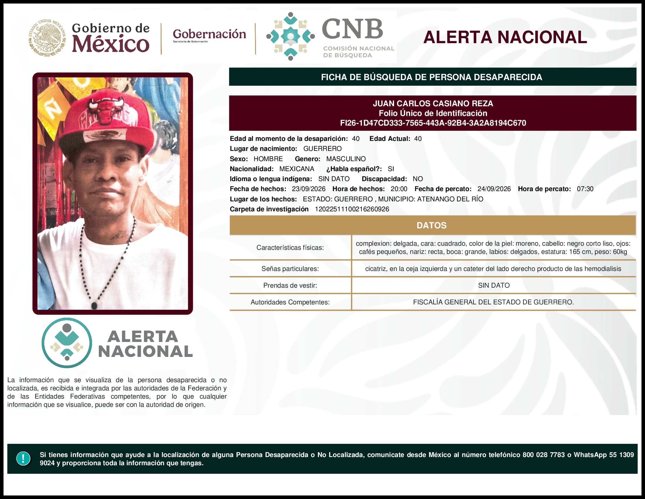 Persona desaparecida Juan Carlos Casiano Reza