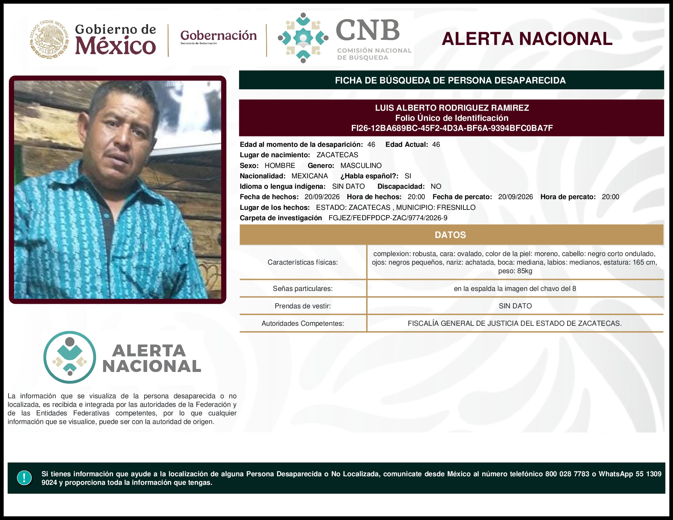 Persona desaparecida Luis Alberto Rodriguez Ramirez