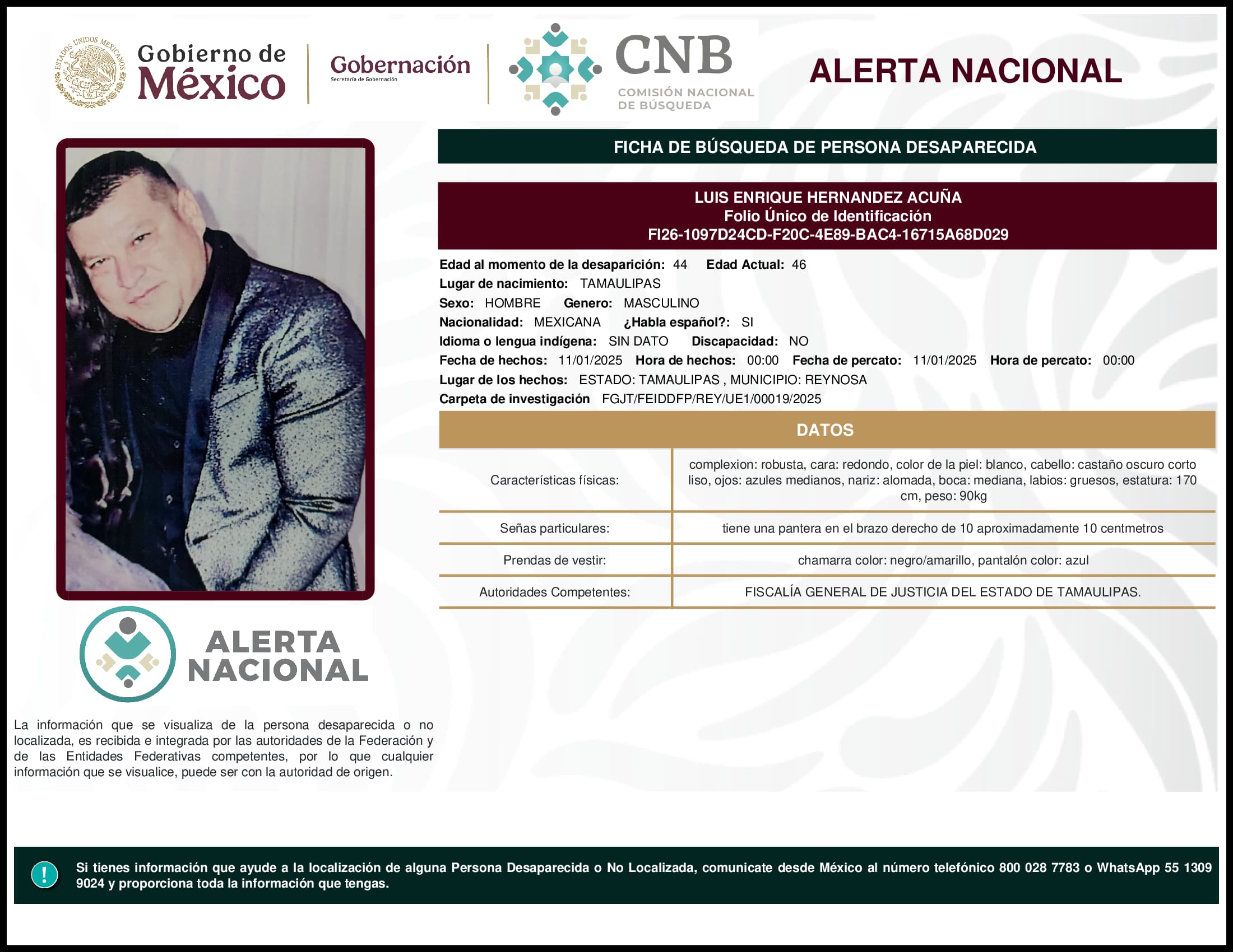 Persona desaparecida Luis Enrique Hernandez Acuna