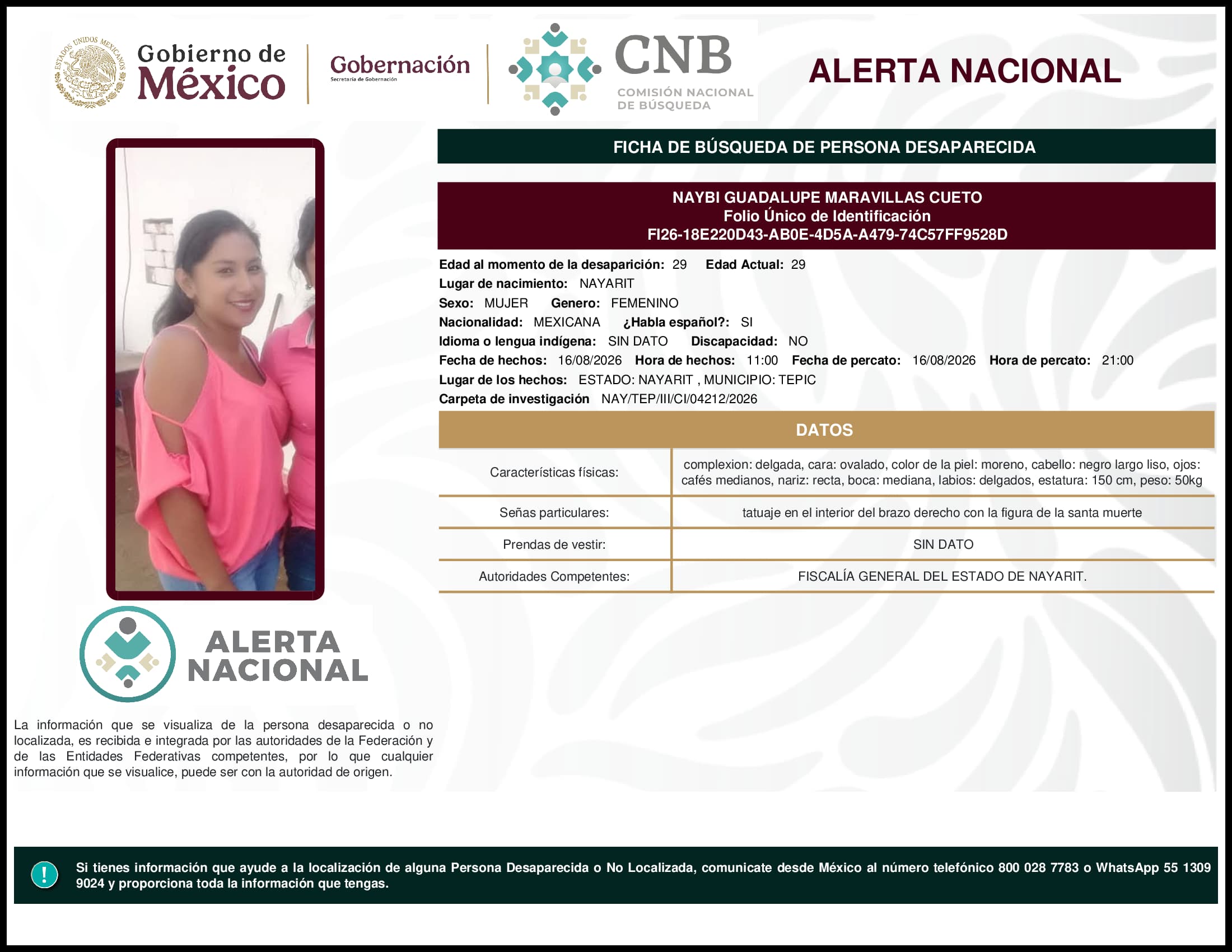 Persona desaparecida Naybi Guadalupe Maravillas Cueto