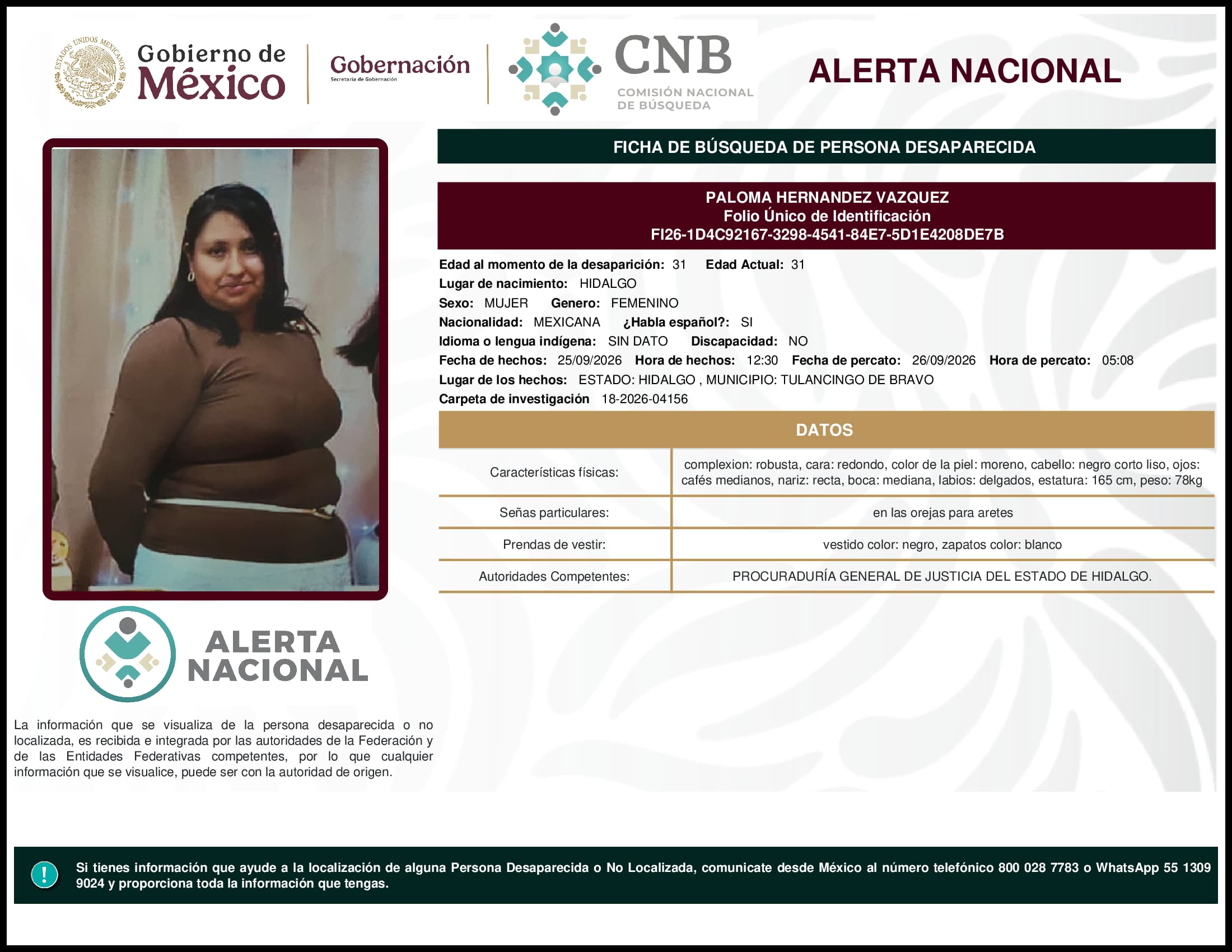 Persona desaparecida Paloma Hernandez Vazquez