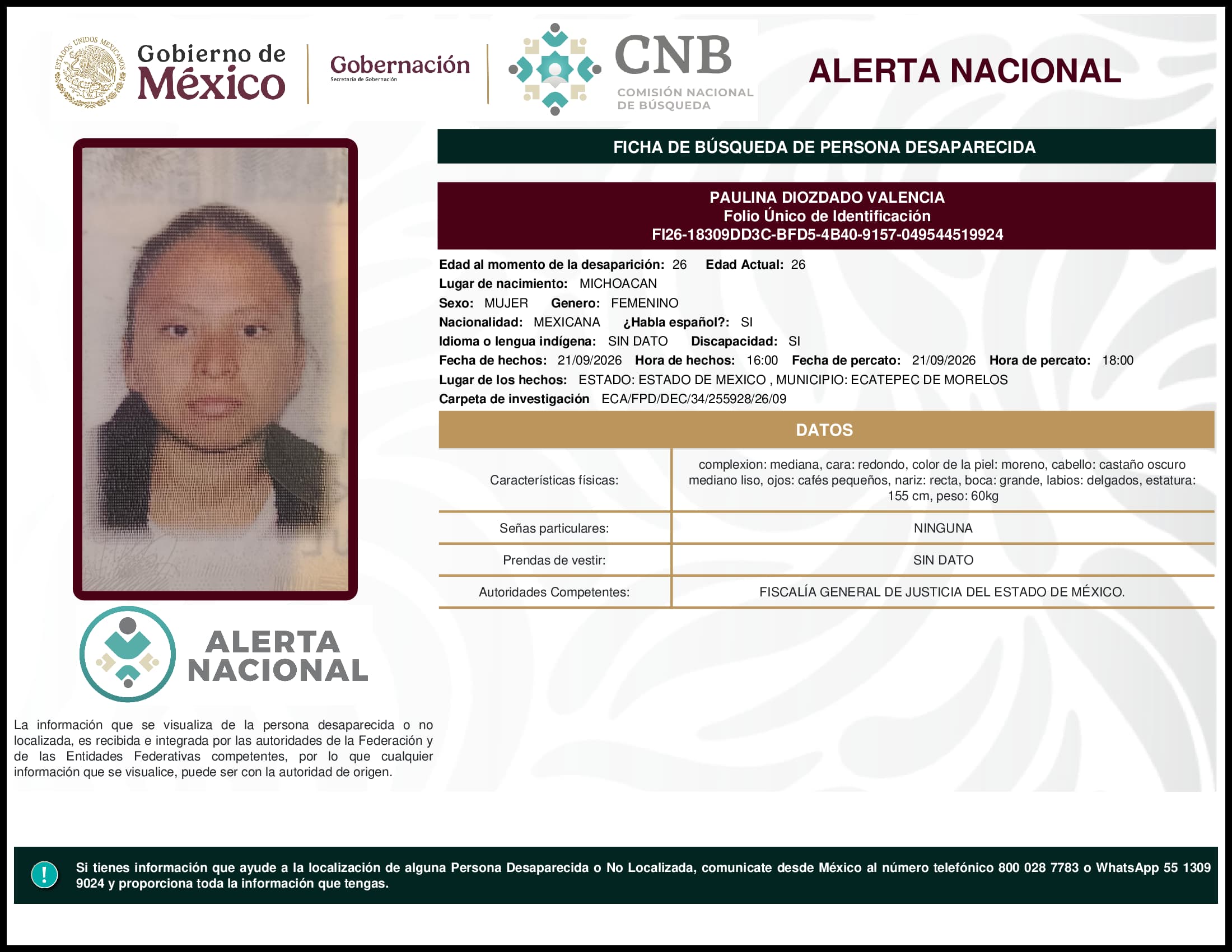 Persona desaparecida Paulina Diozdado Valencia